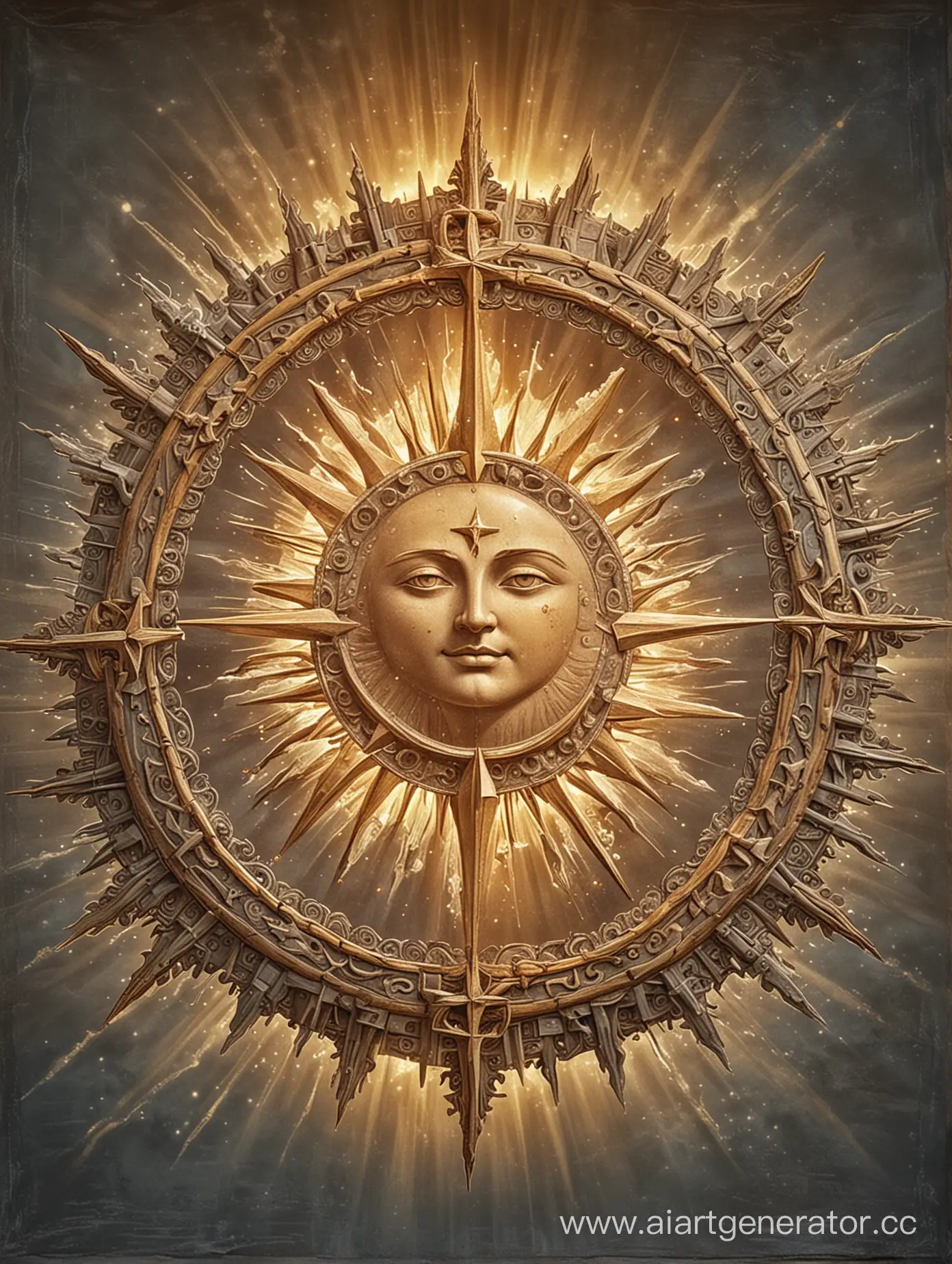 Славянское солнце с отдельными 8ми лучами, а между ними 8 звёзд. Внутренни по контуру солнца вписан месяц