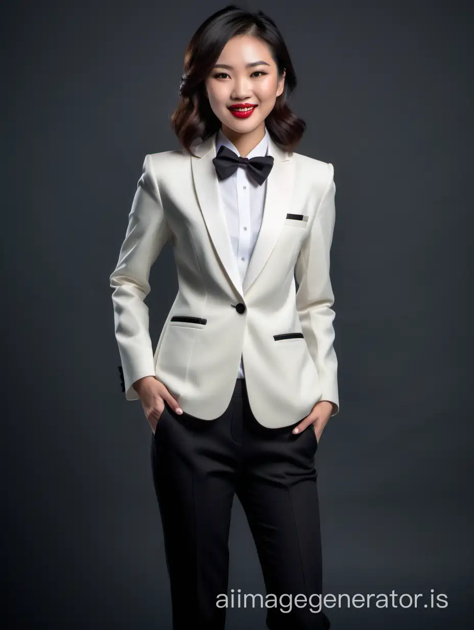 cute and sophisticated and confident and smiling chinese woman with shoulder length hair and lipstick wearing an ivory tuxedo with black pants and with a white shirt and a black bow tie.  Her hands are in her pants pockets.