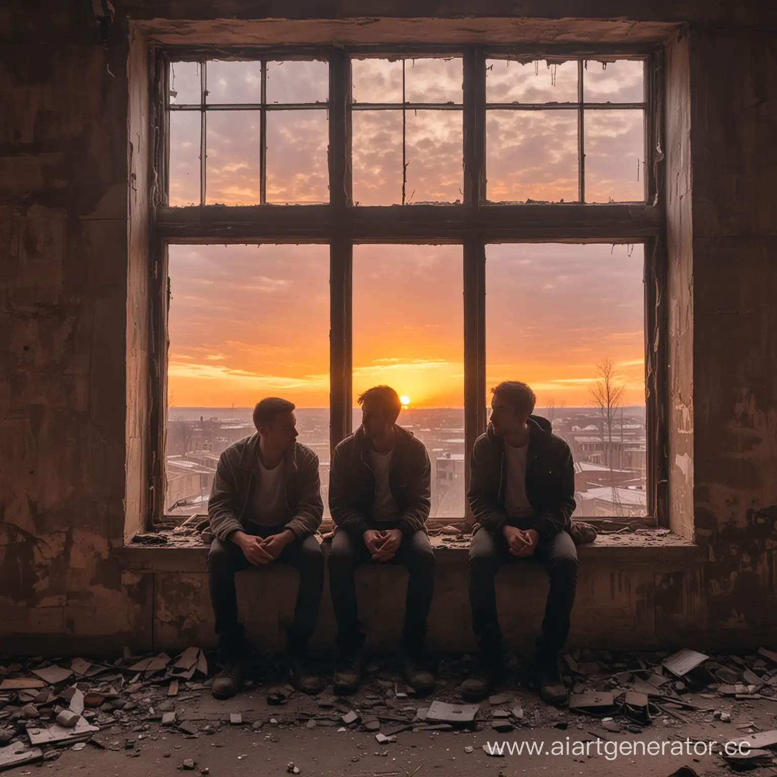 2 парней близко сидят друг к другу в заброшенном здании и тихо курят. На заднем фоне окно, а за ним красивый , одинокий закат