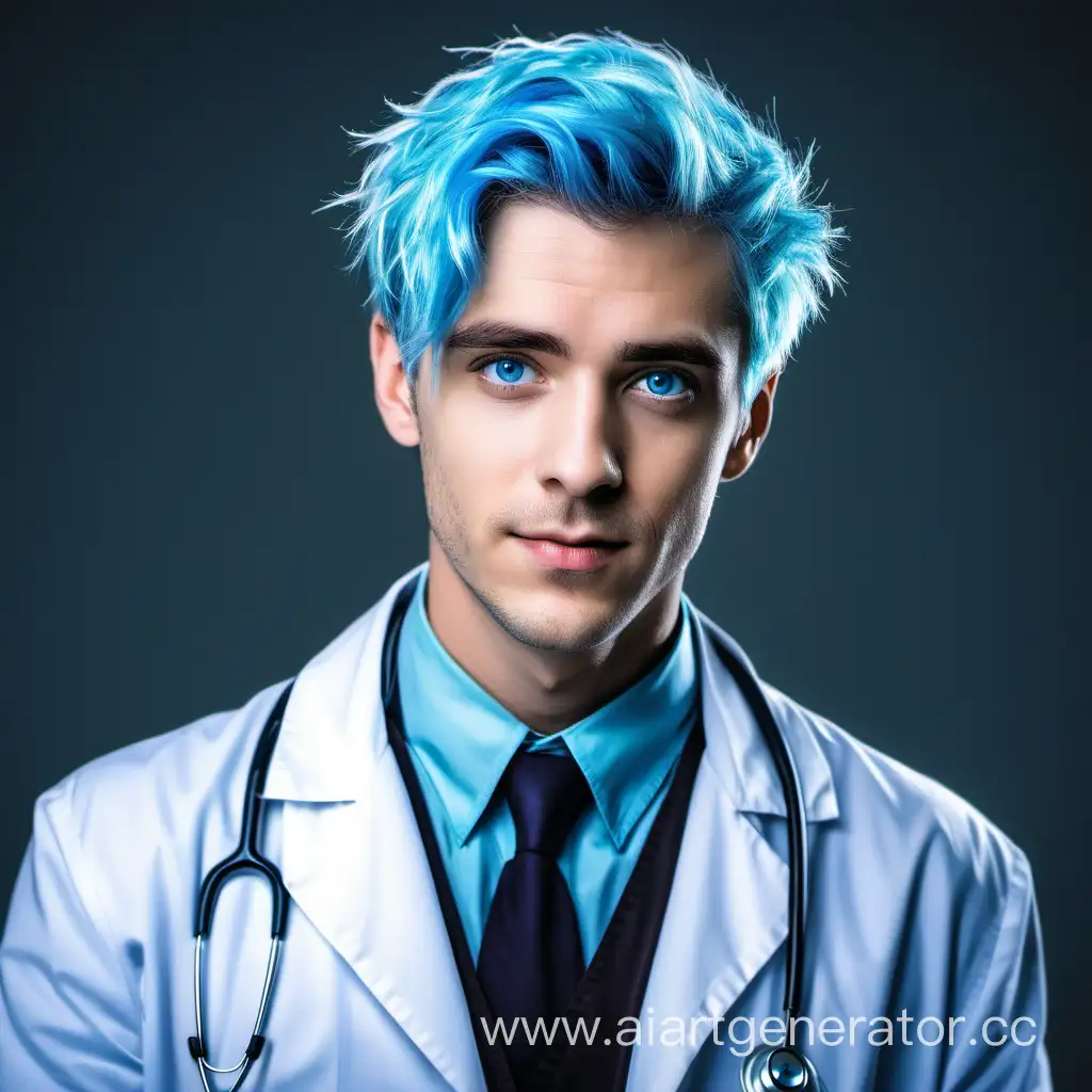 молодой красивый голубоволосый и голубоглазый парень врач