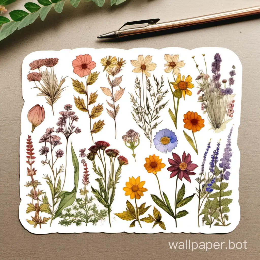 illustration, Pressed Flowers, Boho Wildflowers Cottagecore , Vintage Botanical , watercolor Floral Nature, Garden Lover, sticker art