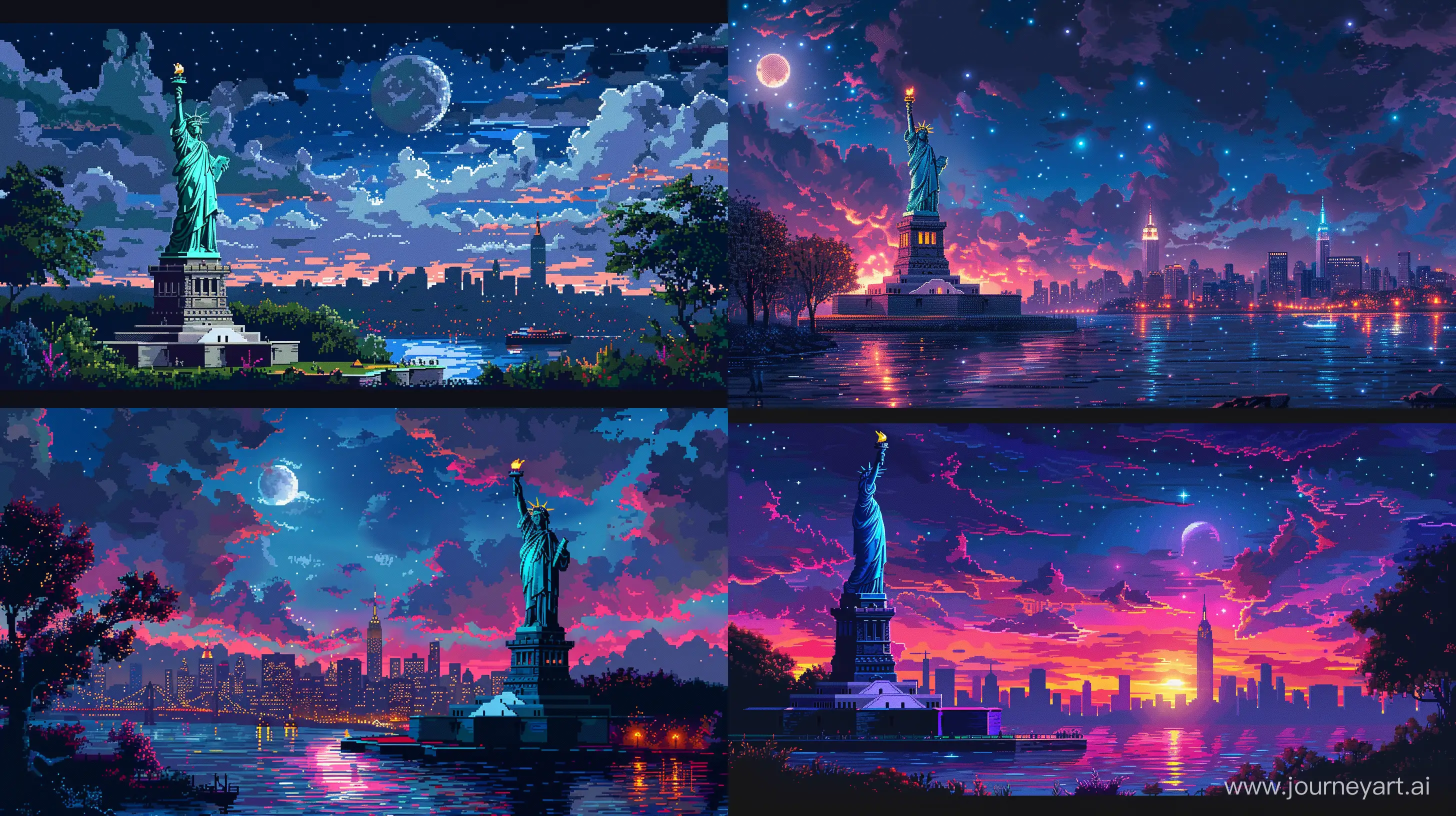 Statue of Liberty View Illustration in 8-bit Pixel Art Style, Night Time, Retro Color Details, Extremely Details --s 550 --ar 16:9