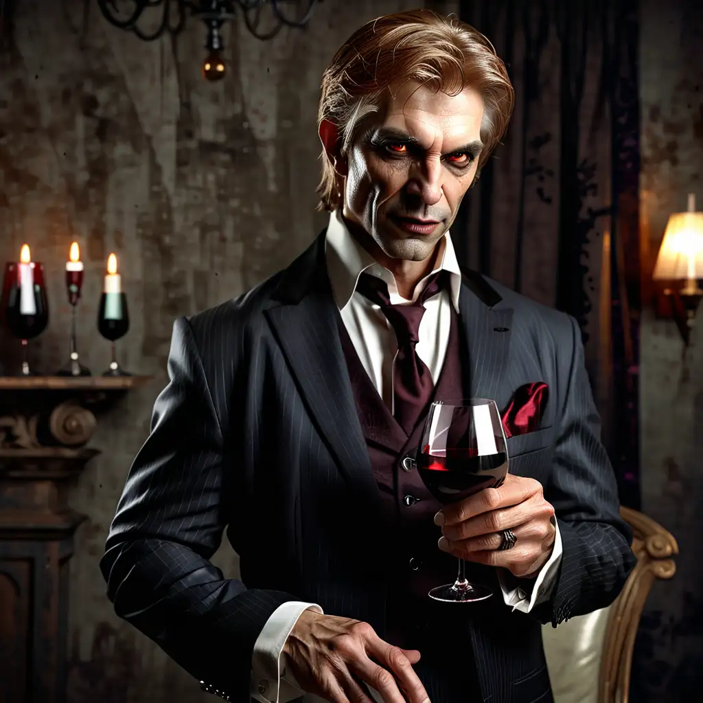 A male Ventrue vampire Primogen, holding a glass of wine, expensive modern clothing, wearing a suit, 50 years old, light brown hair, realistic