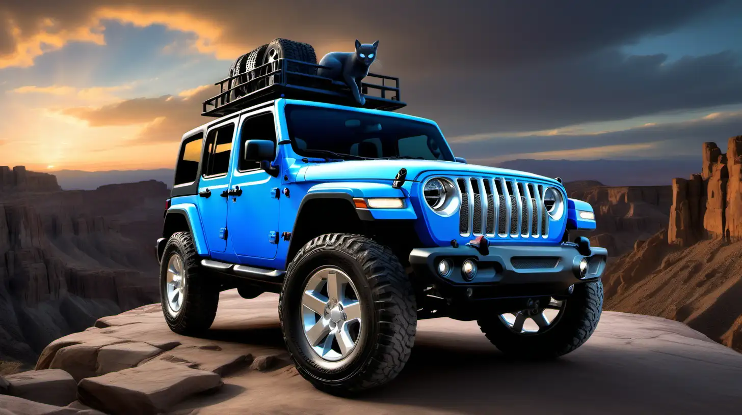 Envision a striking and imaginative scene where the essence of adventure meets whimsical charm: a blue Jeep Wrangler seamlessly transformed into a large, majestic cat. This hybrid creature embodies the rugged, durable spirit of the Jeep, with its iconic boxy shape and off-road capability, while also capturing the elegance and agility of a cat. Its body, sleek and coated in a vibrant shade of blue reminiscent of the Jeep's paint, merges mechanical elements with organic feline features. The Jeep's headlights serve as the cat's glowing eyes, piercing through any landscape with intensity and focus. Its tires are replaced with powerful, muscular legs, each paw equipped with tread-like pads for extraordinary traction on any terrain.

The grille of the Jeep forms the cat's expressive face, with the Jeep's signature seven-slot grille subtly reimagined as the cat's whiskers or perhaps even its mouth, adding an element of strength and resilience. The tail, a flexible extension, integrates elements of the Jeep's rear design, incorporating the spare tire as a unique pattern or motif on the tail's tip.

This hybrid stands atop a rugged terrain, showcasing its readiness to explore and conquer, symbolizing freedom, versatility, and the adventurous spirit of both the Jeep Wrangler and the wild, untamed essence of a cat. The background is a breathtaking landscape, blending natural wilderness with paths that beckon to the spirit of adventure, inviting onlookers to imagine the limitless possibilities where such a creature could roam.