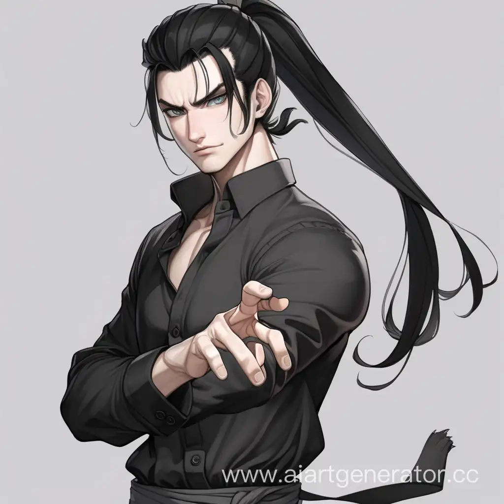 male, slightly disheveled black hair tied in a ponytail, light gray eyes, smirk, pale skin, fighting stance, dark clothes