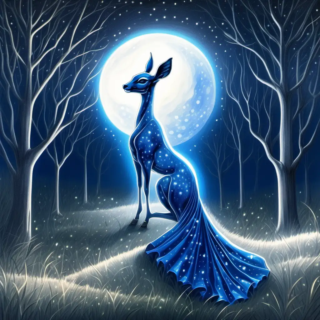 La biche bleue qui brille de milles feux. La lune éclaire sa robe du soir. La lumière guide son chemin. 