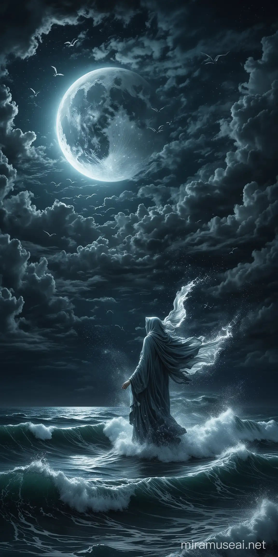 Містичний ghost летить в небі над темнім синім штормовим морем в ночі, світить луна