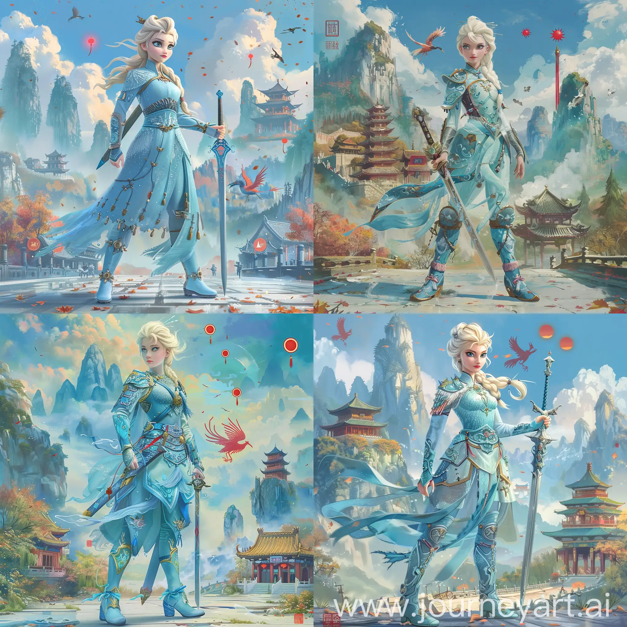 Historic painting style:

a Disney Norwegian Princess Elsa, she wears light blue and azure color Chinese style medieval armor and boots, she holds a Chinese sword in right hand, 

Chinese Guilin mountains and temple as background, small phoenix and three small red suns in blue sky.