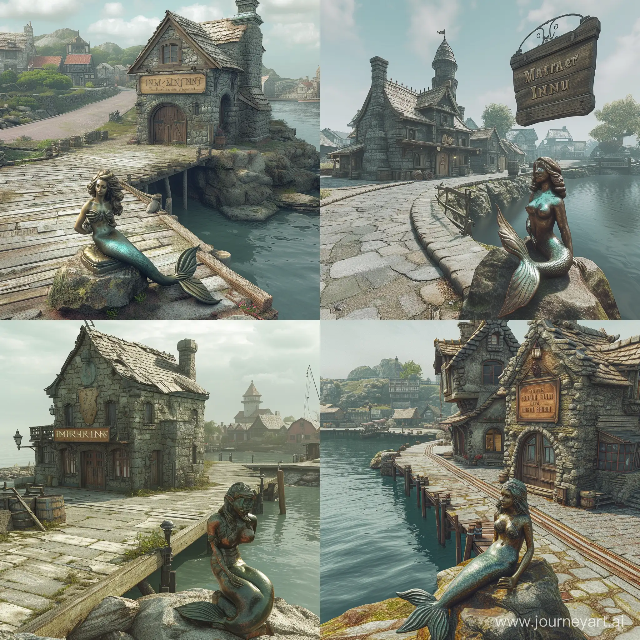 A worn down fantasy stone inn in a large port on docks by the sea. A wooden sign hangs above inn doors, bellow to the side a Bronze mermaid statue. Statue is posed in a sitting on a rock in front of the inn's entrance on dock. There is a wide road between inn and sea. Behind inn and to the side there are more houses. Top of the statue is polished bronze shine. Artistic rulebook image style.