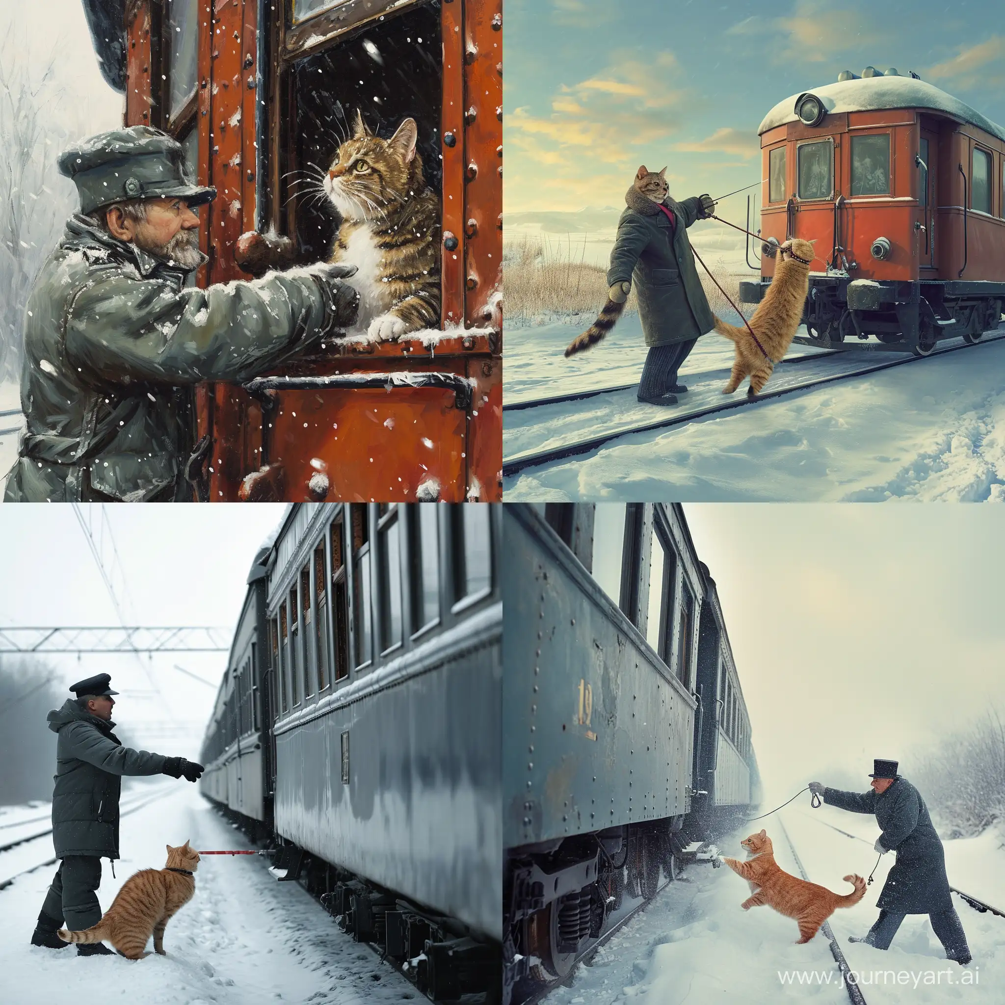 Кот вытаскивает проводницу из поезда зимой