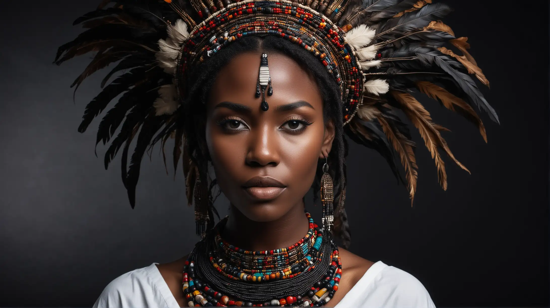 Portrait of black beautiful woman with beautiful natural shaman make - up,  whos also covering her neck, white shirt, we see only face, black background, high resolution, 8k, Color Grading, Editorial Photography, Photography, Photoshoot, Depth of Field, Bokeh, taken with a 60mm lens, ISO 300, f/ 4,