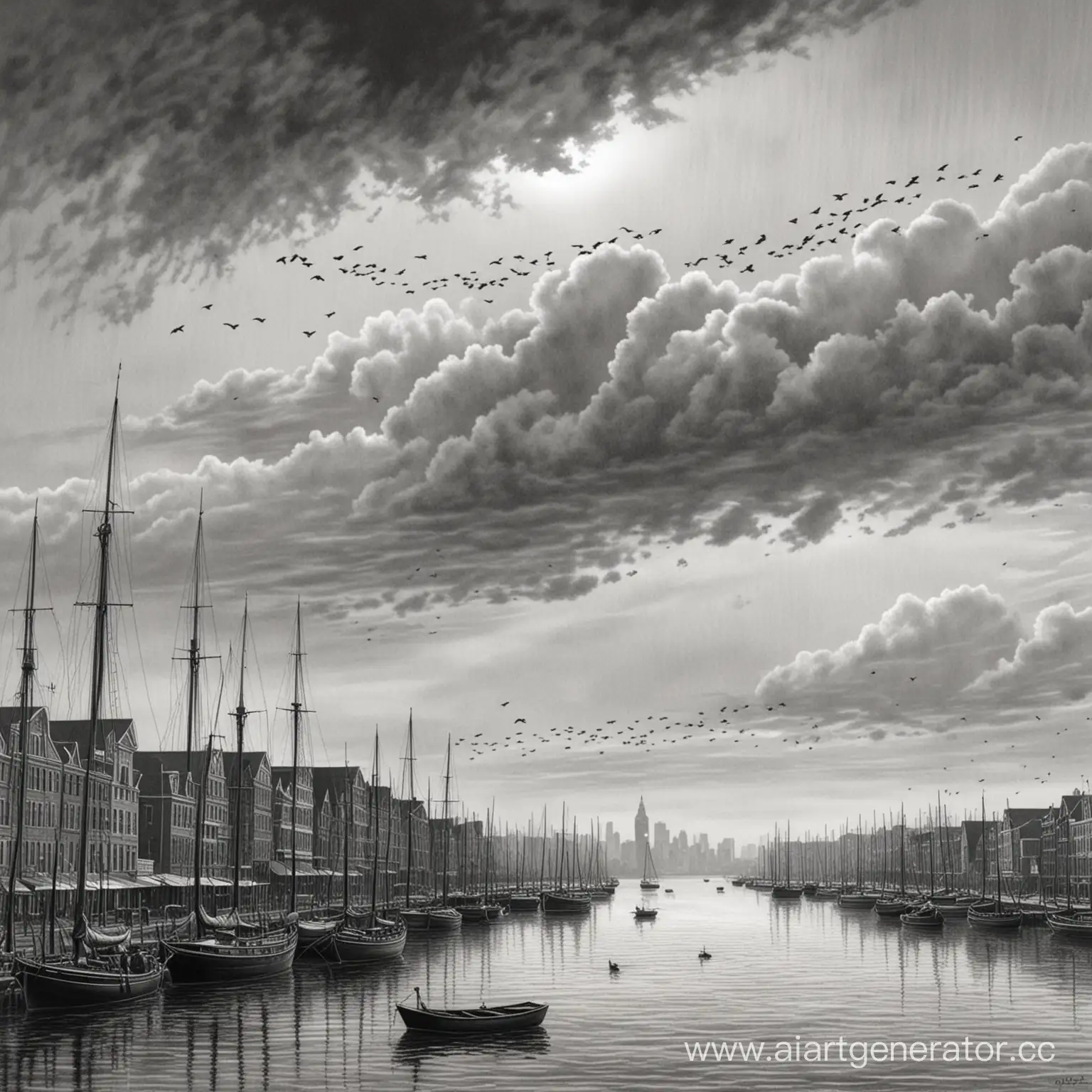 рисунок карандашом в серых тонах набережной города, в небе видна стайка воронов