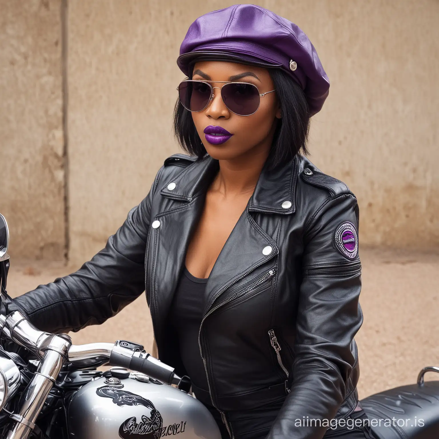 African motorcycle bitch with purple lipstick, leather biker cap and sunglasses