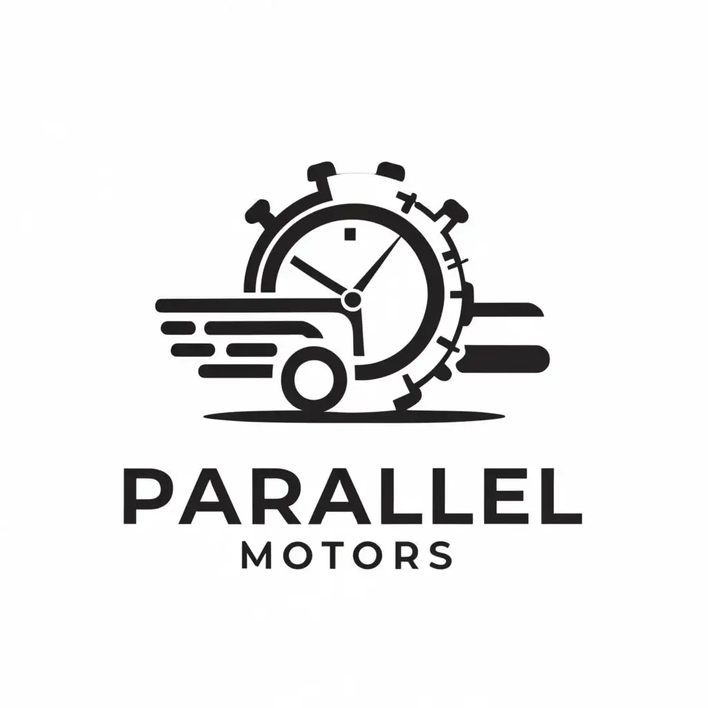 a logo design,with the text "parallel motors", main symbol:parallel lines outlining a car silhouette and clock past midnight,complex,be used in Finance industry,clear background