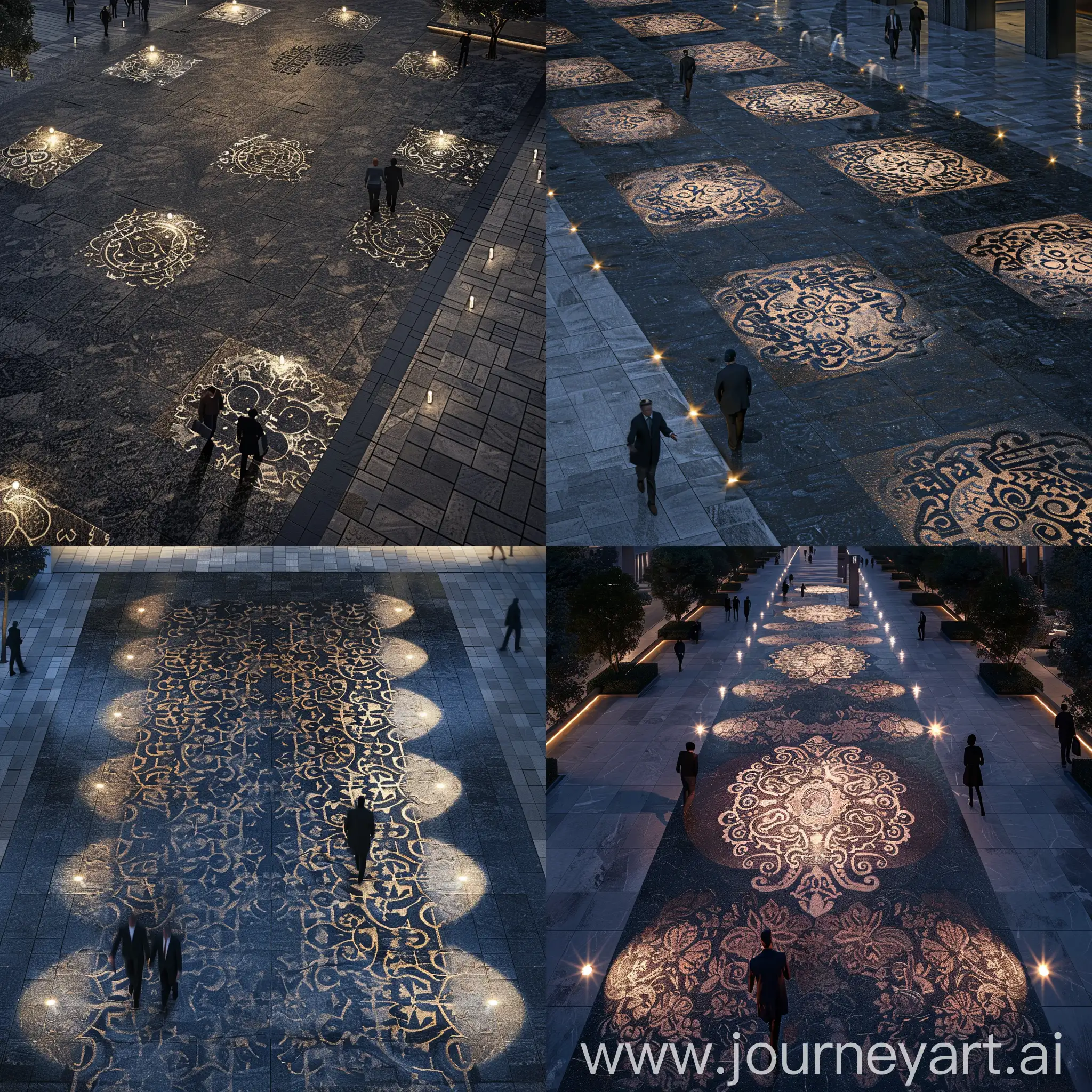 birds eye view on large stone paving in dark granite with national folk patterns in light-tone granite on business district plaza, stone surface is mostly dark, national pattern is repeatative, pattern is like a magic tablecloth, several business people walking in a large distance, lighting spotlights installed in pavement following folk patterns in paving, parametric folk granite patterns