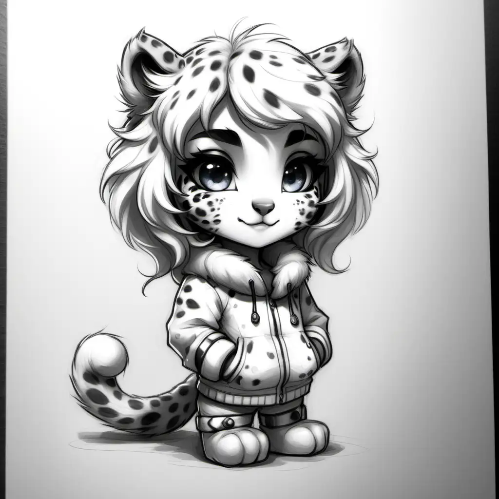 Chibi Snow Leopard Furry Girl Charcoal Sketch