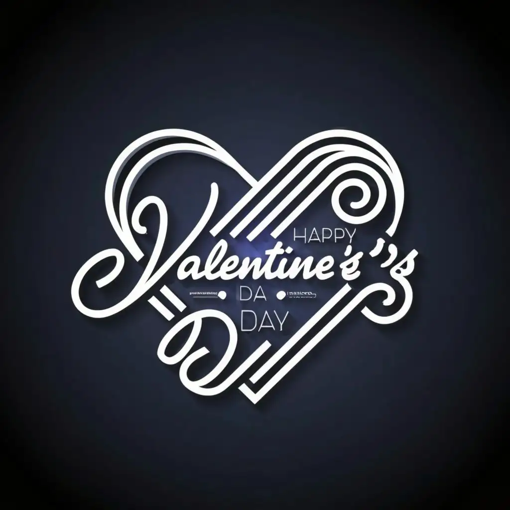 logo, abstract three-dimensional effect of the lines of the silhouette of the heart in black and white in a minimalist style, with the text "Happy Valentine's Day", typography, be used in Entertainment industry