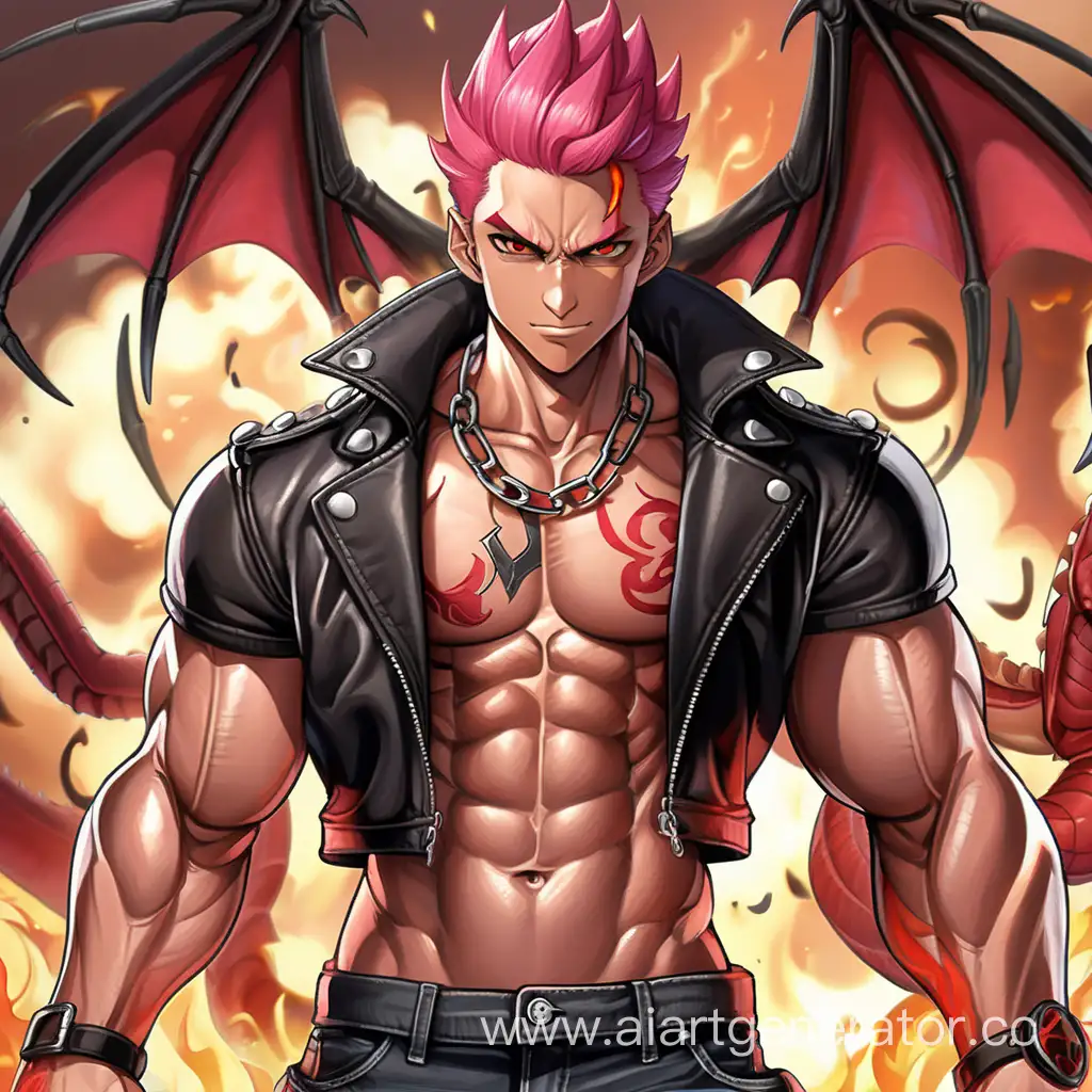 Battle Field, 1 Person, Male, Draganoid, Pink Hair, Short Hair, Skipy Hairstyle, Dark Brown Skin, Red Dragon Wings, Black Jacket, Red Shirt, Black Jeans, Burning Chains, Serious Smile, Dark Brown-Eyes, Sharp Eyes, Flexing Muscles, Muscular Arms, Muscular Legs, Well-toned Body, Muscular Body, Hard Abs, Red Smoke, 