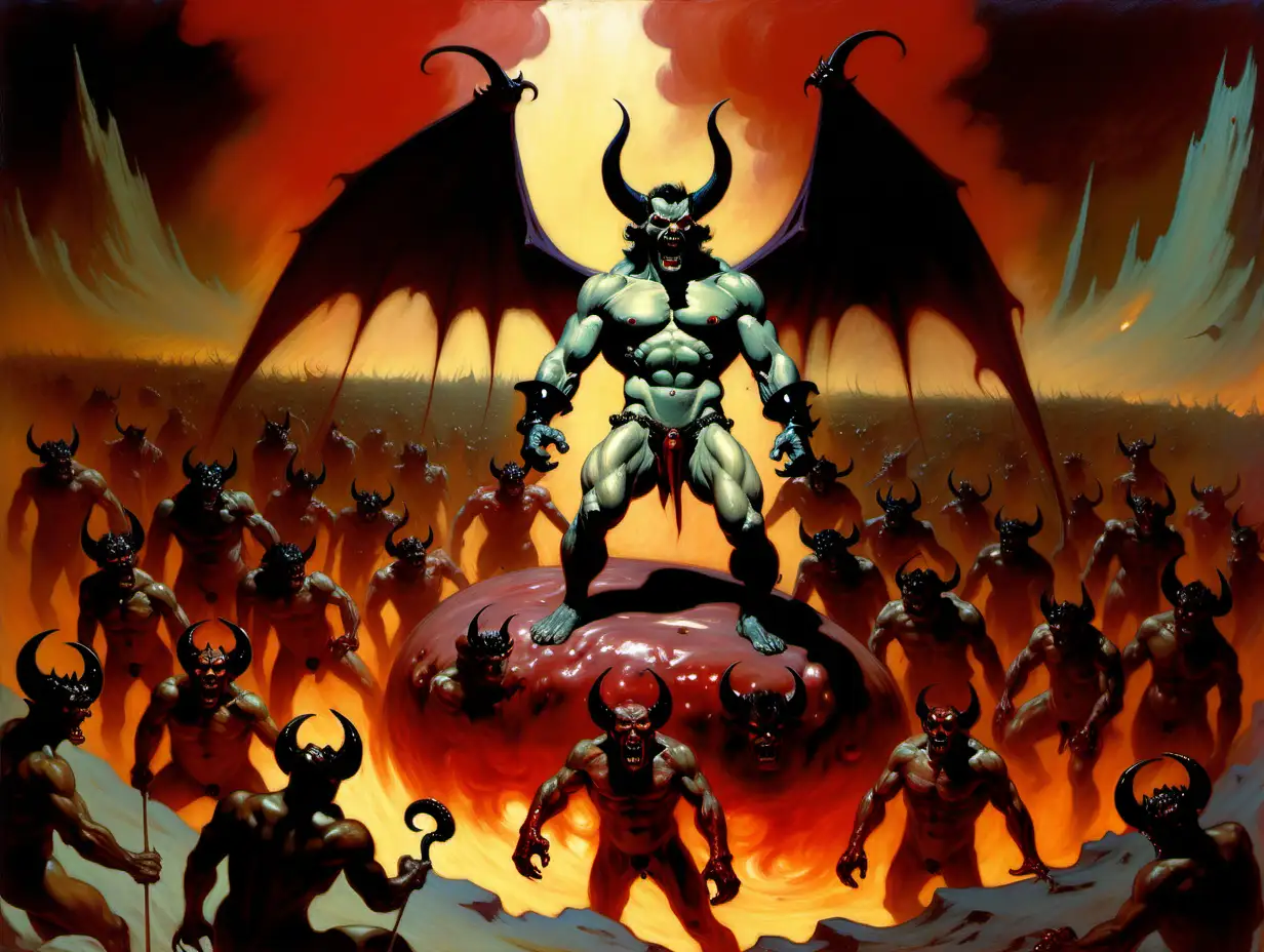 the devil surrounded in Hell by doughnuts frank frazetta style