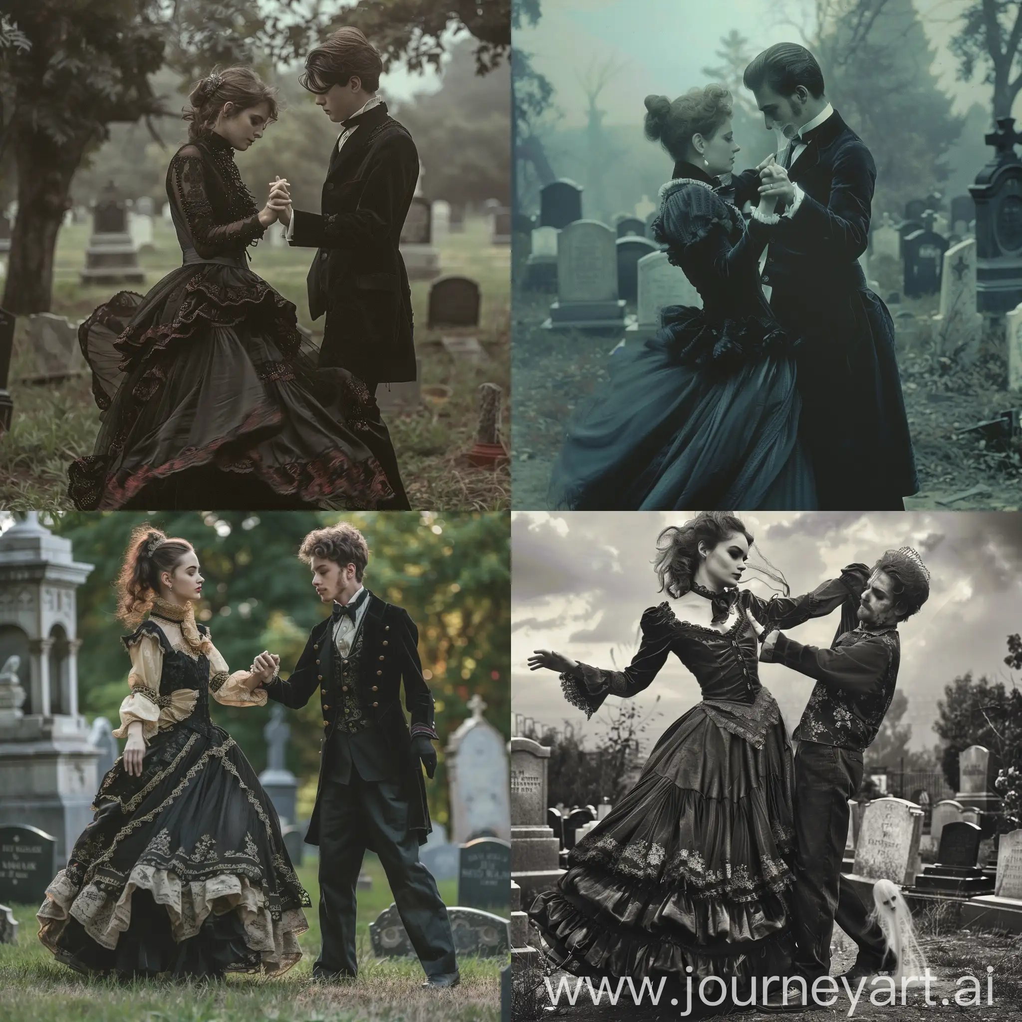 A beautiful sad Victorian woman dancing with a young ghostly victorian man in a cemetery