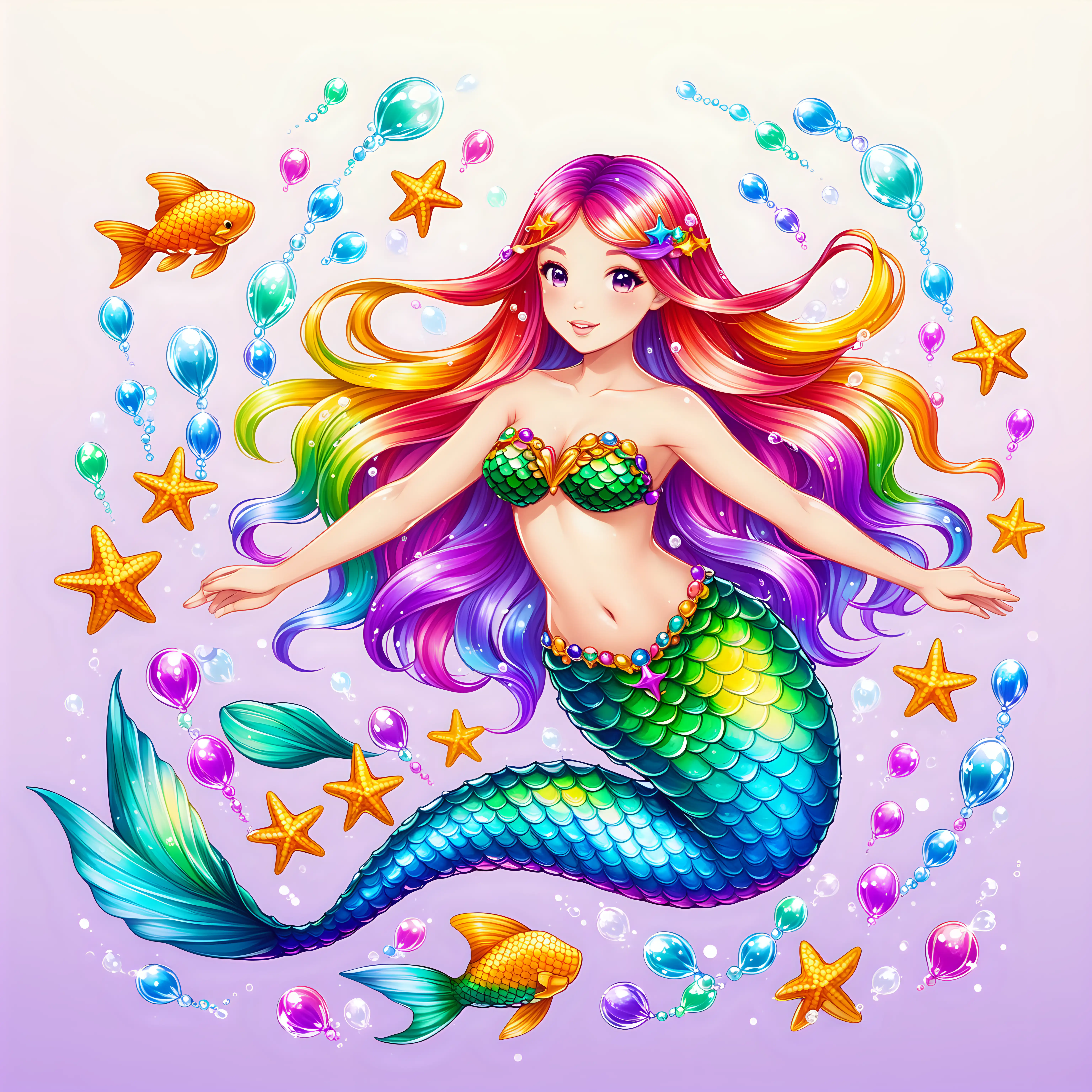 Vibrant Multicolored Mermaid Swimming in Coral Reef Paradise