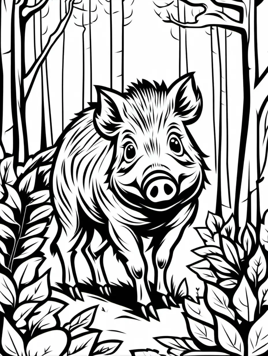 Adorable Wild Boar in Forest Minimalist Black and White Illustration
