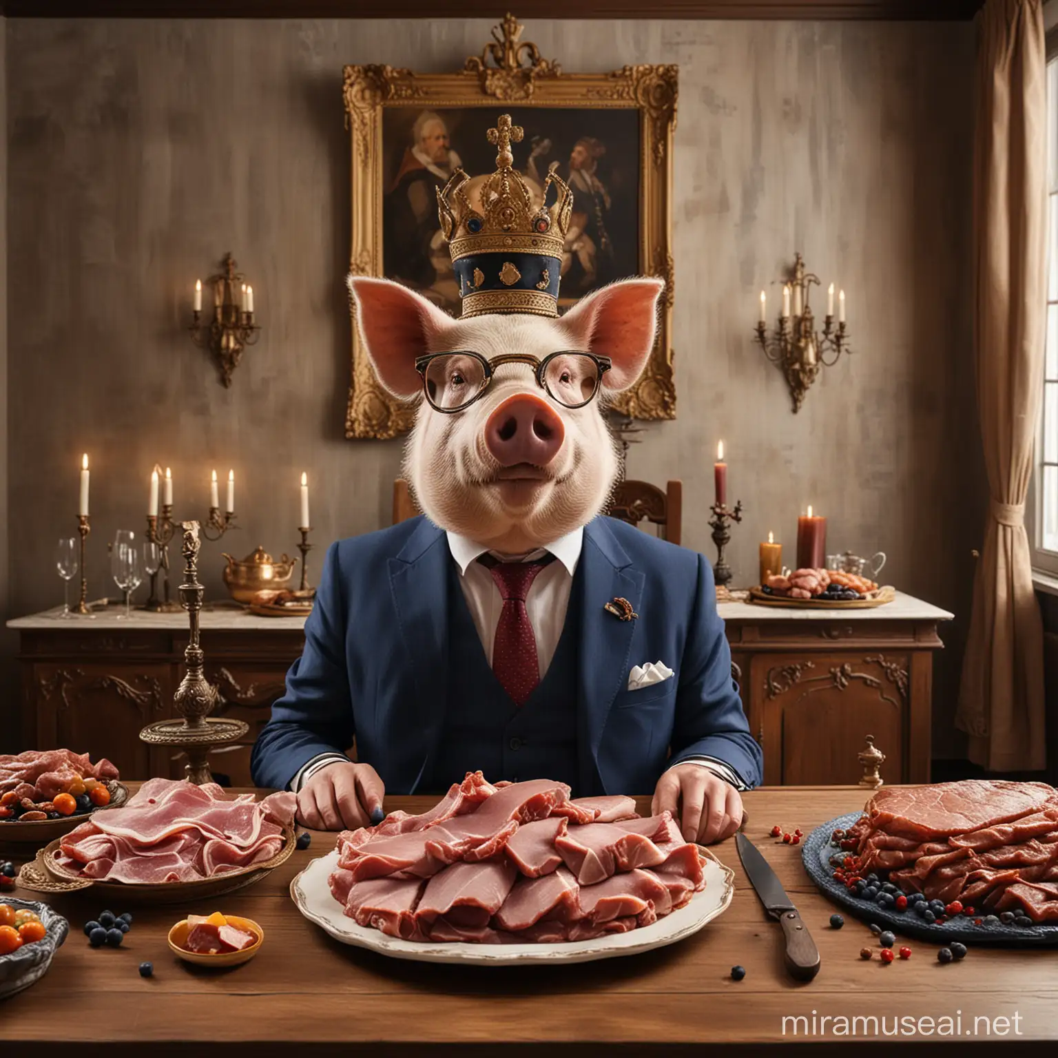Luxurious English Bourgeois Pigs Feast with Crowned Head