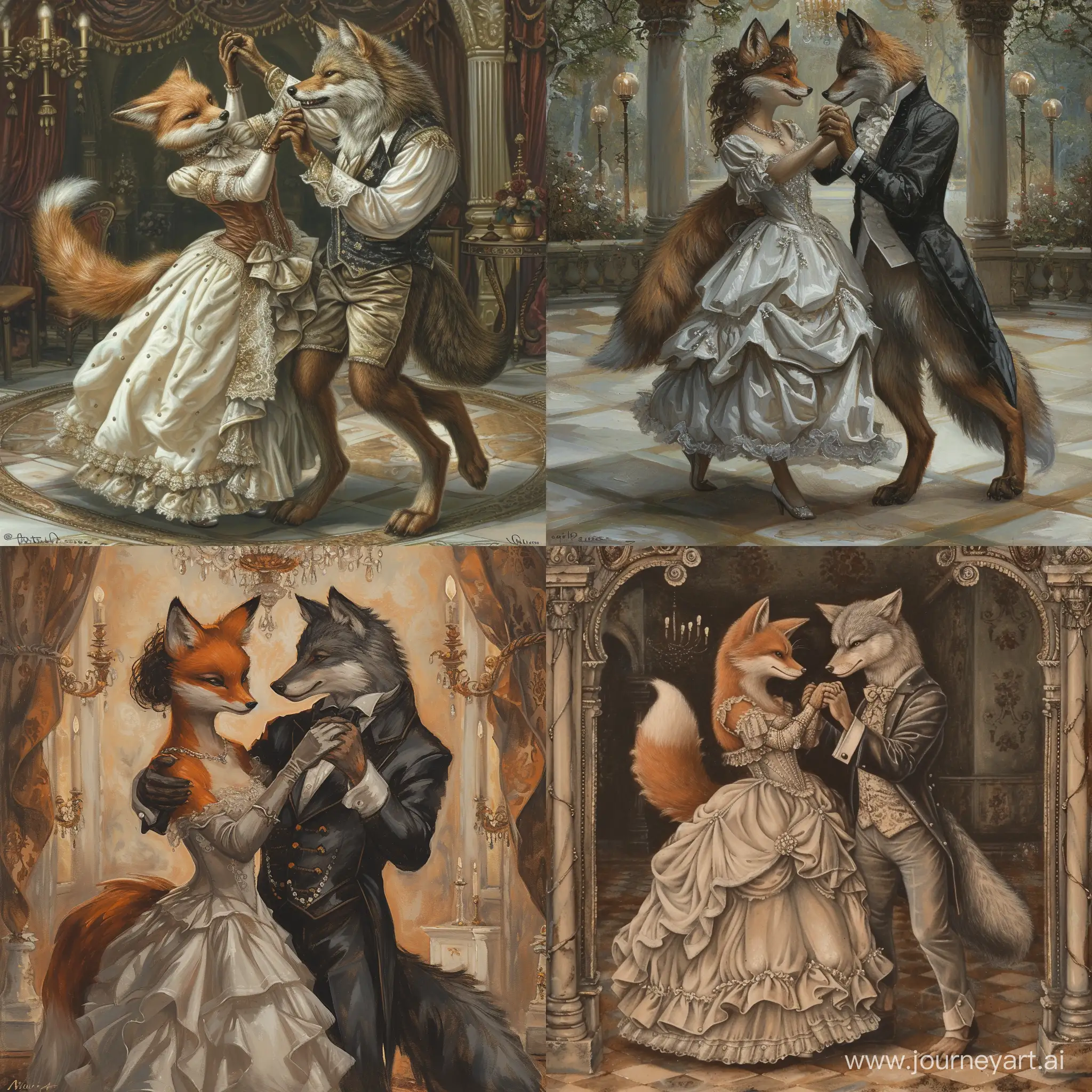 Art Furry Fox Girl In Ball Gown And Wolf Male Aristocrat Dancing Waltz --v 6 --ar 1:1 --no 17977