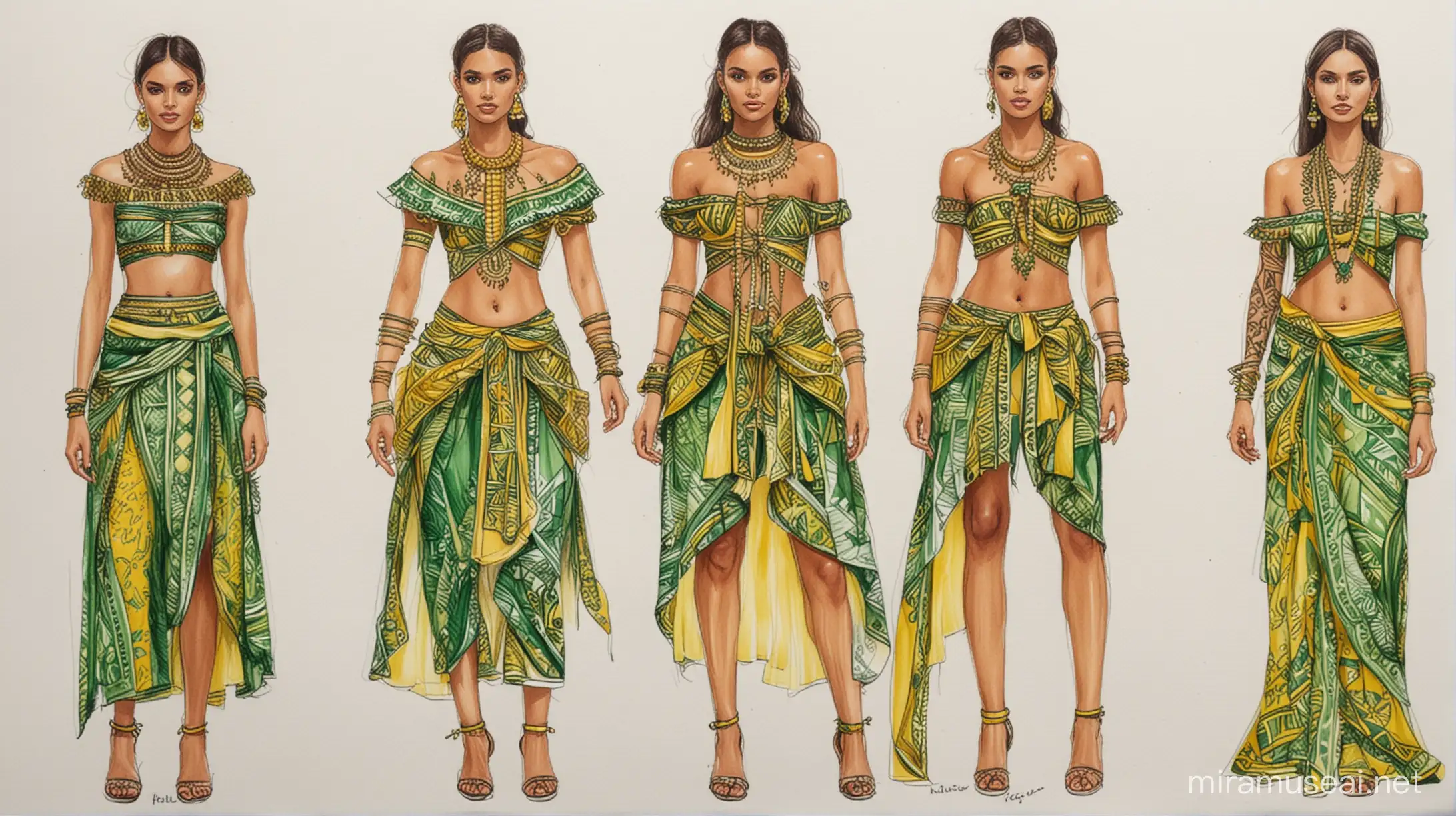 Fashion sketches for fashion collection inspired by the Hiva Oa ethnic group from Marqueesas islands - green and yellow motives 