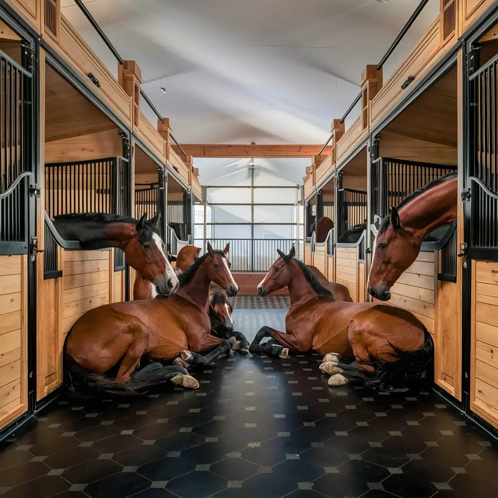 horse stall. luxury. oak wood. black hardware.  black dog bone pattern floor.	Affectionate and Sociable Horses: These horses benefit from stables that encourage social interaction with other horses. Stables may be larger and may include shared turnout areas or paddocks where horses can interact and socialize with each other.