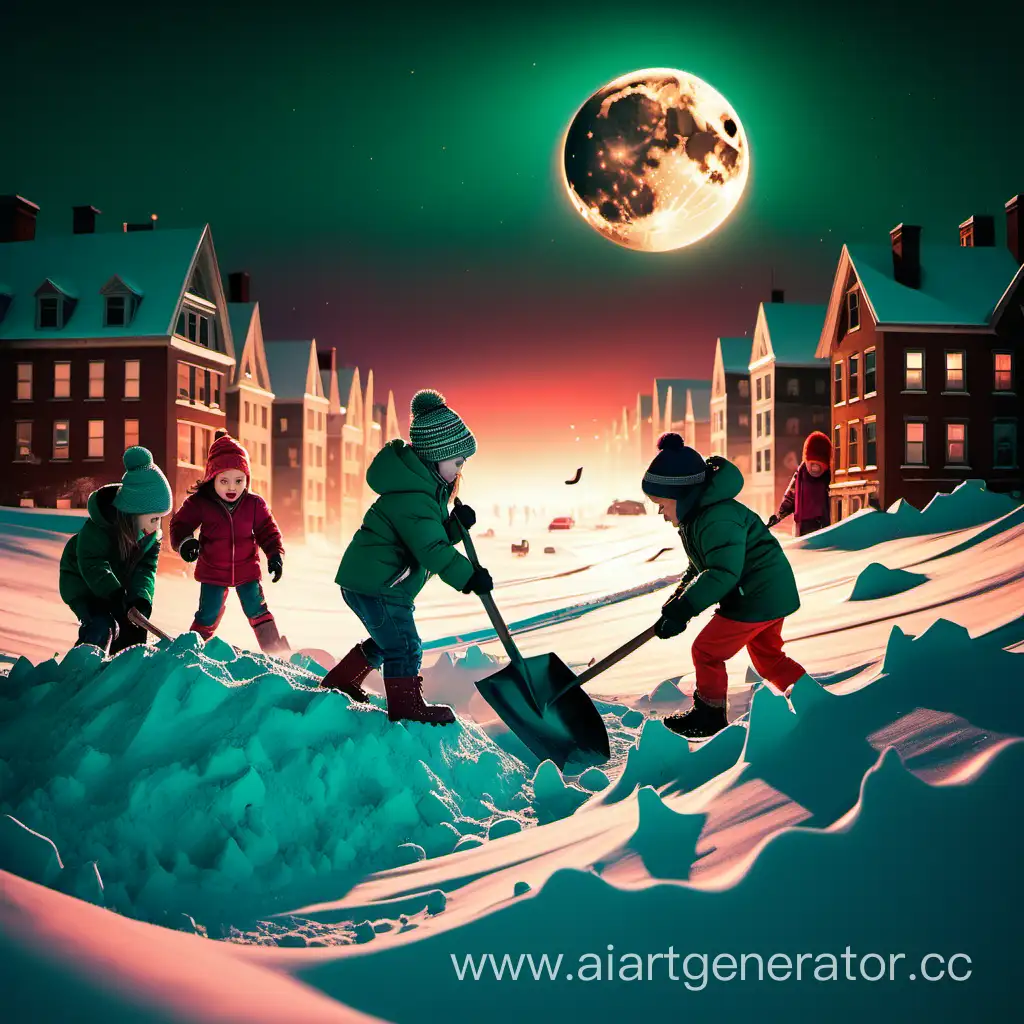 Urban-Winter-Play-Children-with-Shovels-in-Snowdrift-under-Emerald-Sunset