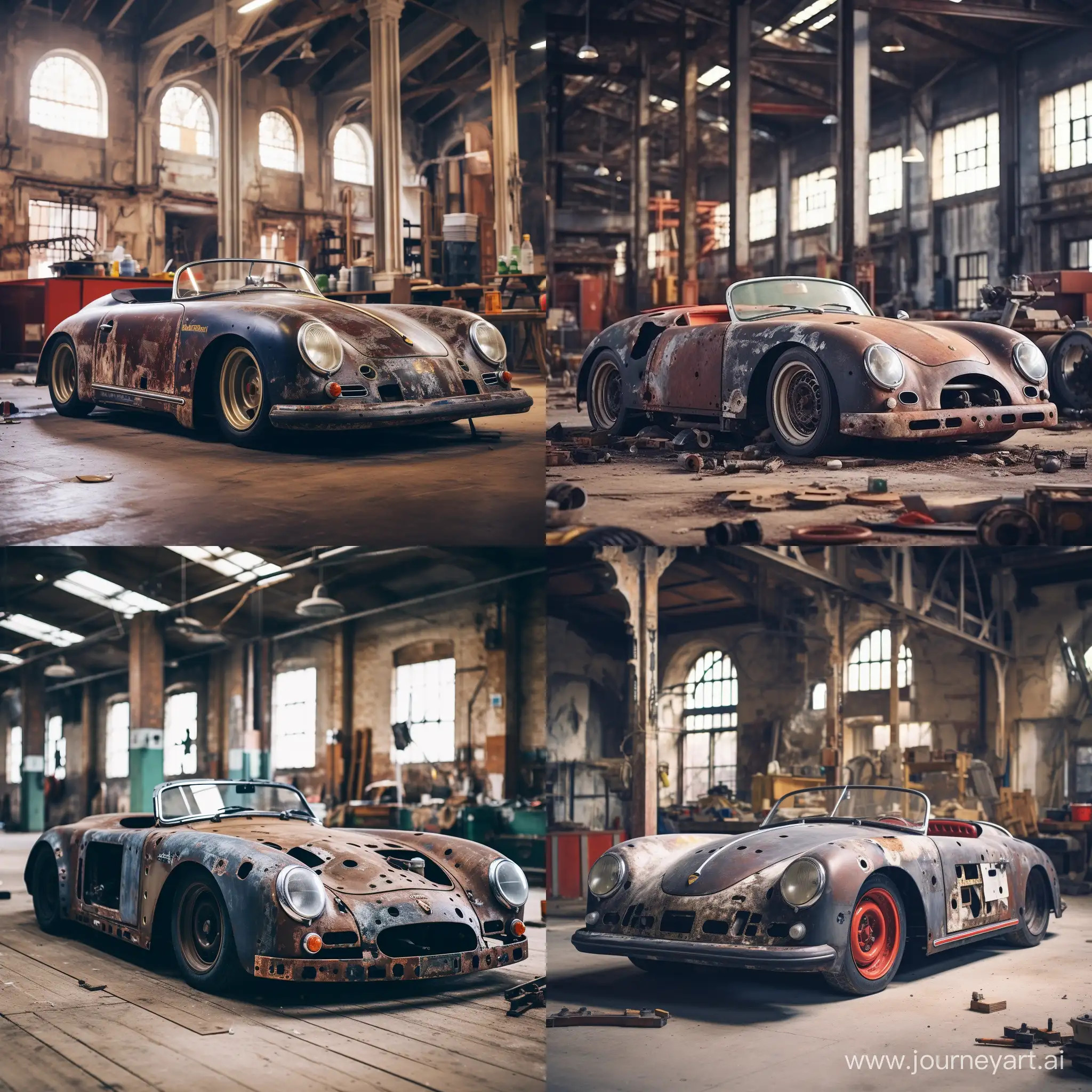 Porsche 356 speedster in a dirty workshop
