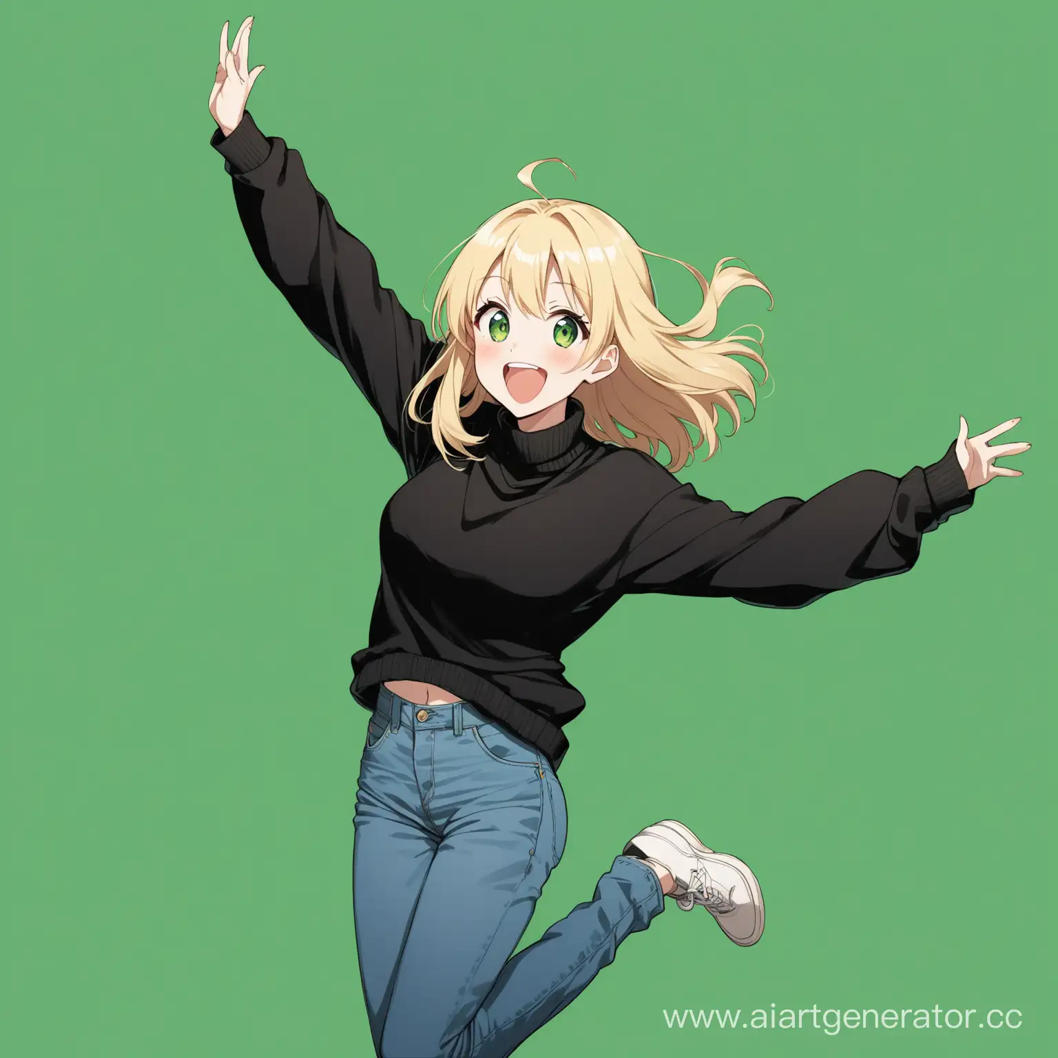 аниме девочка блондинка в чёрный свитере и джинсах во весь рост возбуждена на зелёном фоне