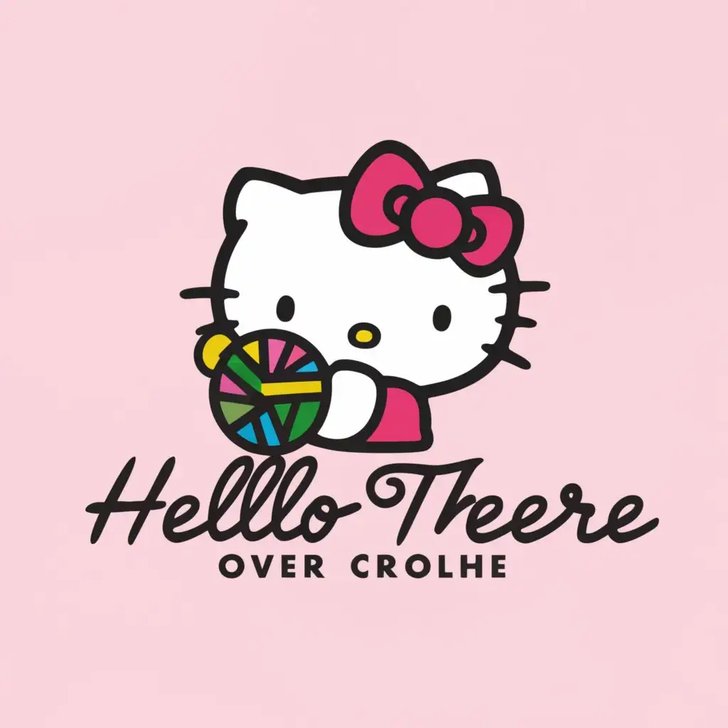 a logo design,with the text "Over there", main symbol:Hello kitty ball of wool crochet,Minimalistic,clear background