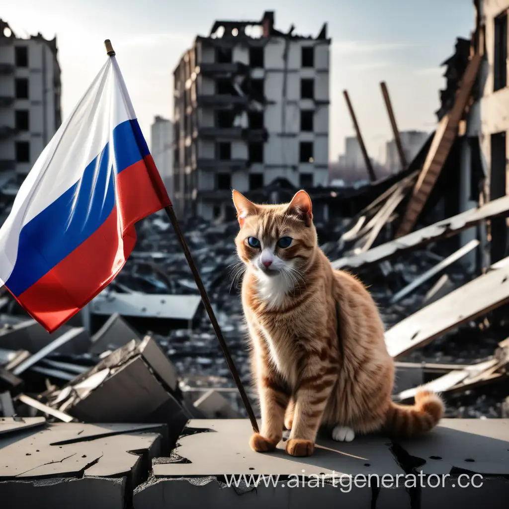Кот с российским флагом на фоне разрухи