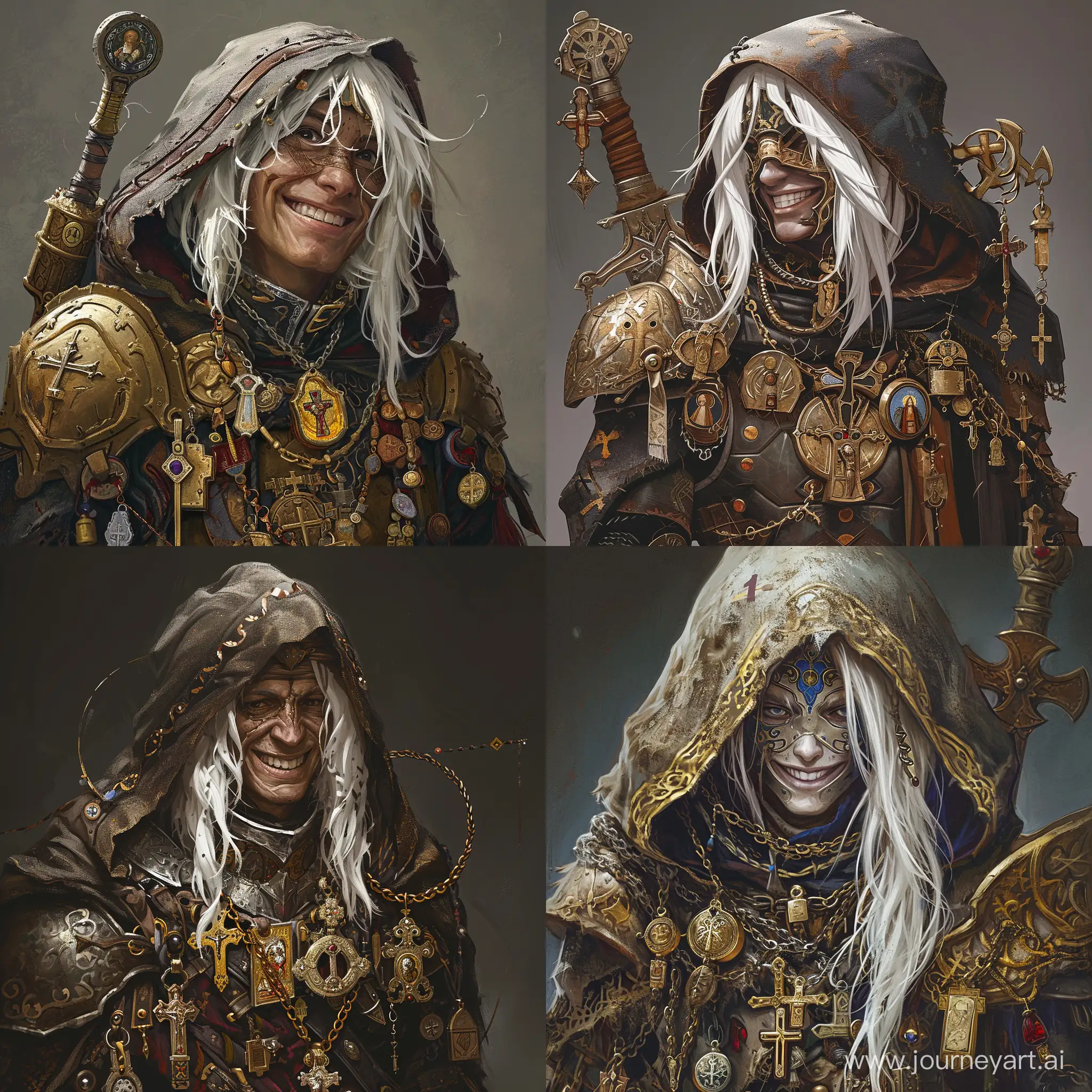 Male Halfling-Priest. Armor and weapon are hidden under the dirty hood. Wears many saint relics and holy croses and lockets. White luxurious hair and beautiful smile. 