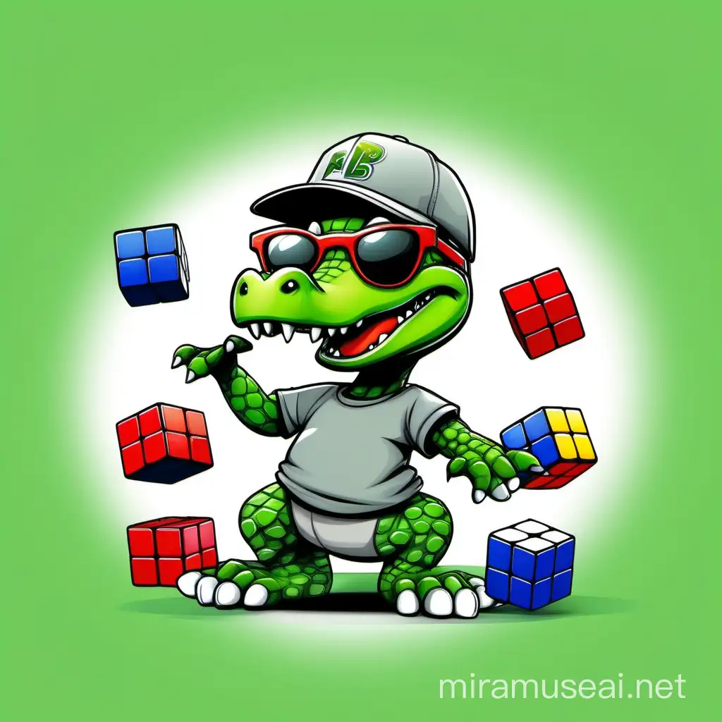 Playful Green Alligator Juggling Rubiks Cubes