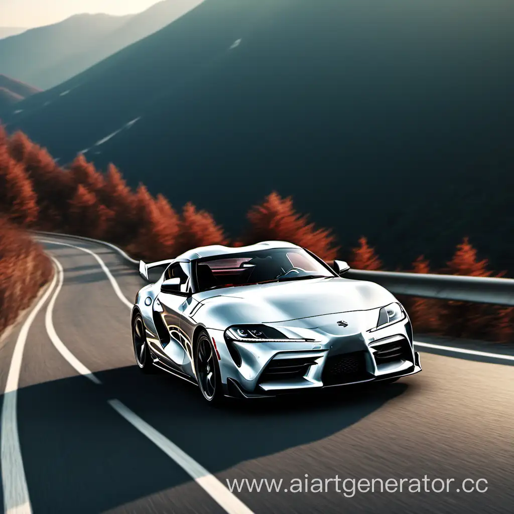 The car "supra a80" is driving on the mountain road