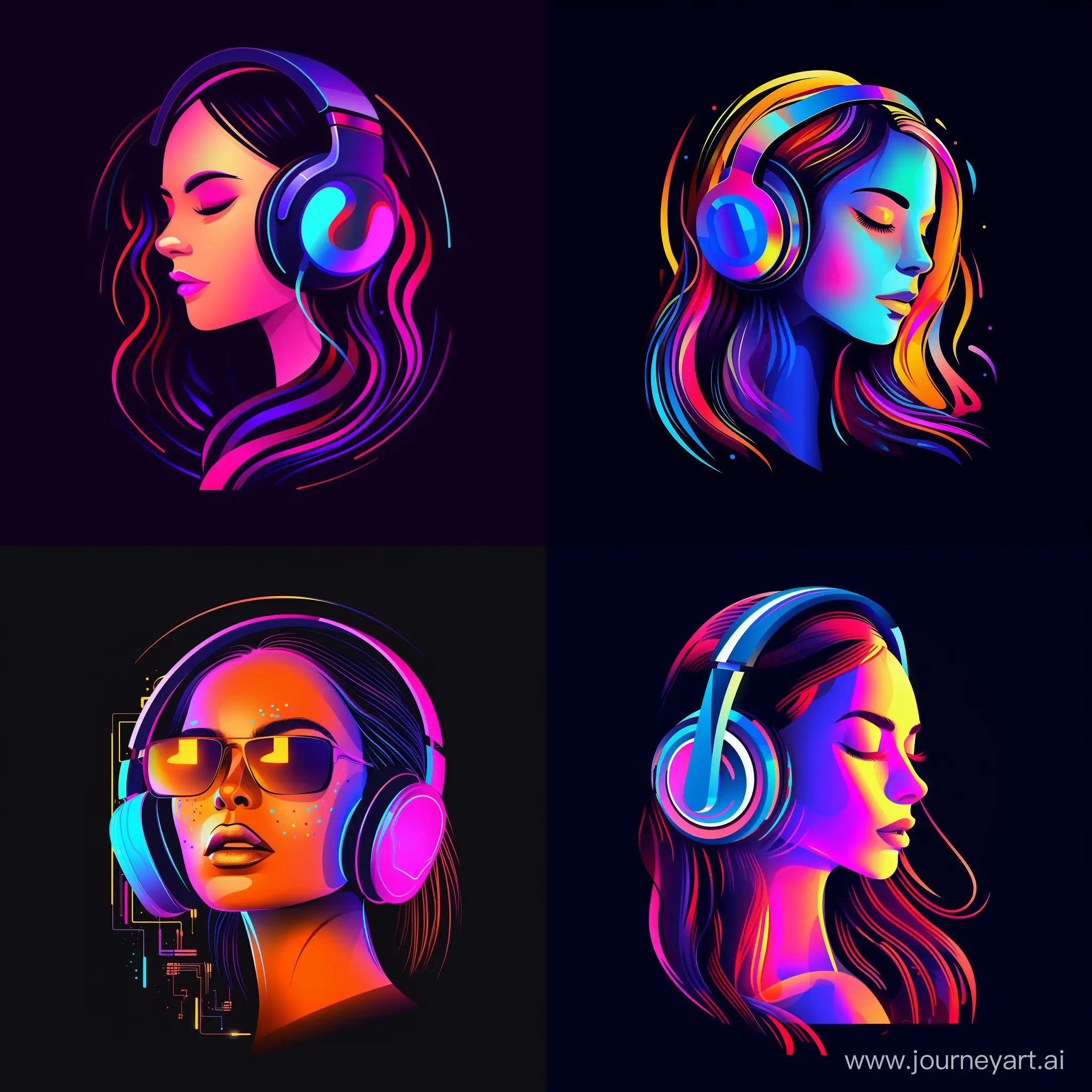 minimalistic logo of woman with headphones on her head, in vector style, neon bright colors
