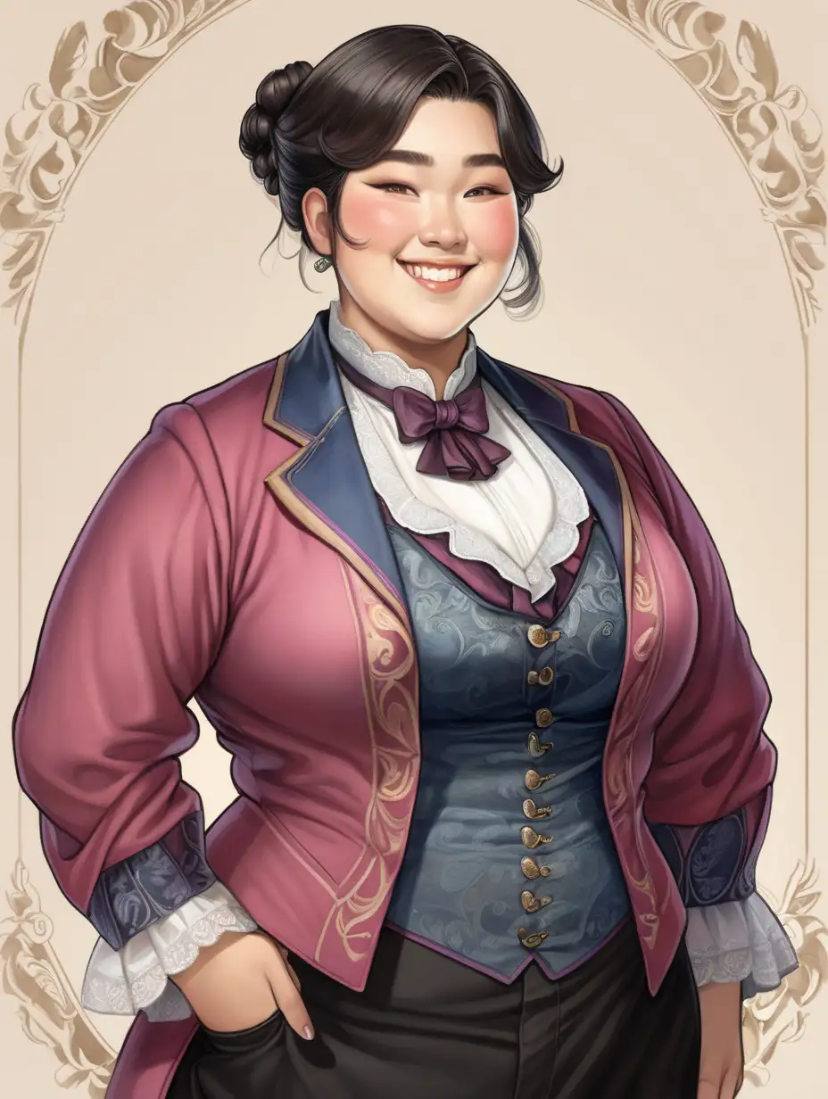 Plus size androgynous asian person, smiling, and dressed in victorian clothing 