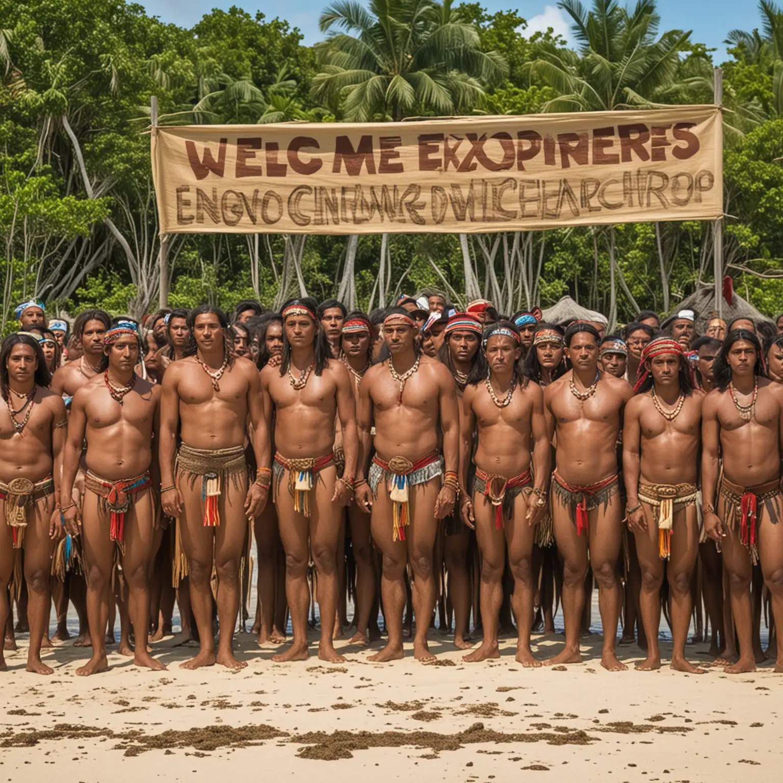 middle-sized crowd of native taino/arawak indians on a tropical beach, staring expectantly, eagerly out to sea, with a sign that says "welcome explorers"