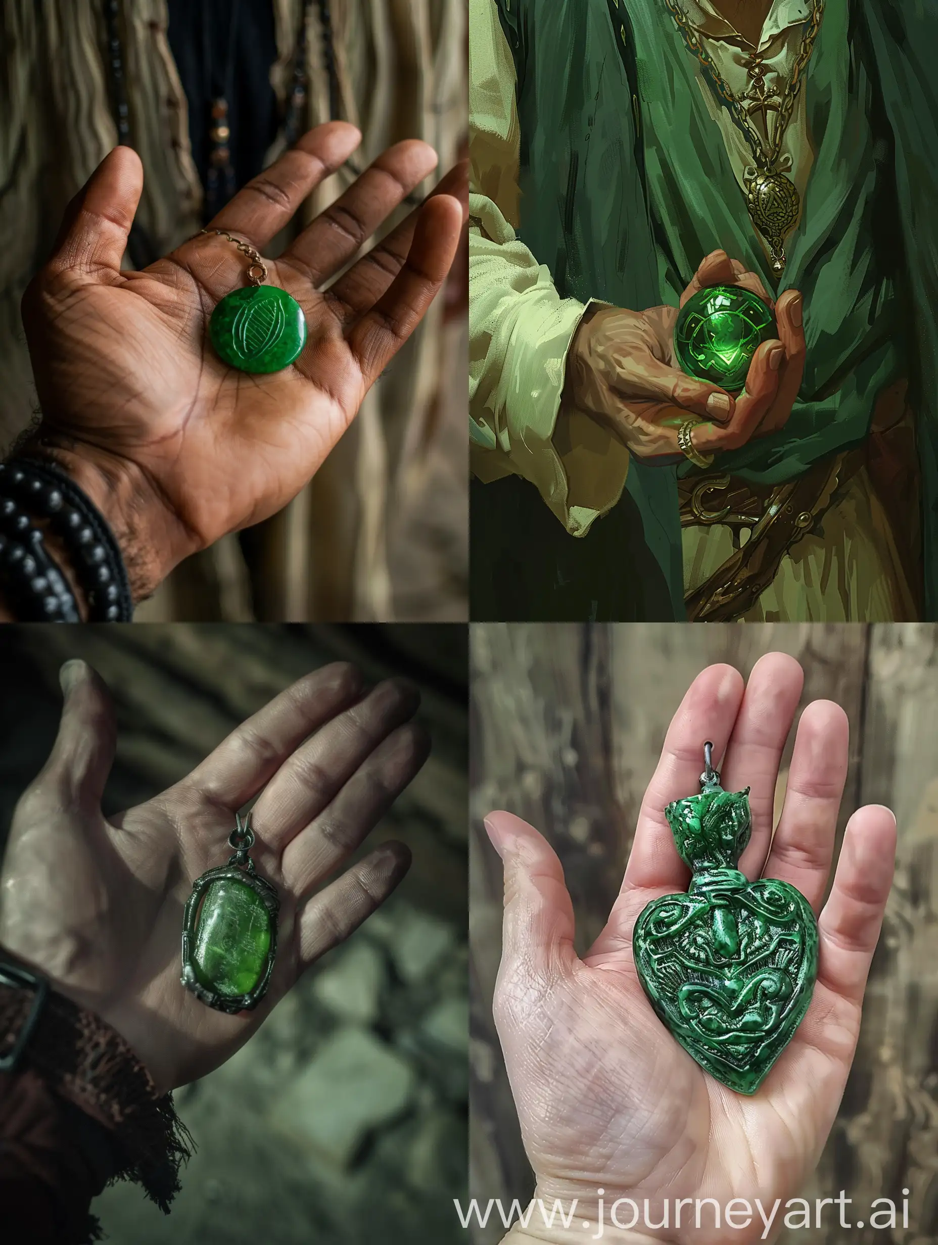 The green amulet in the guy's hand, ranobe style.