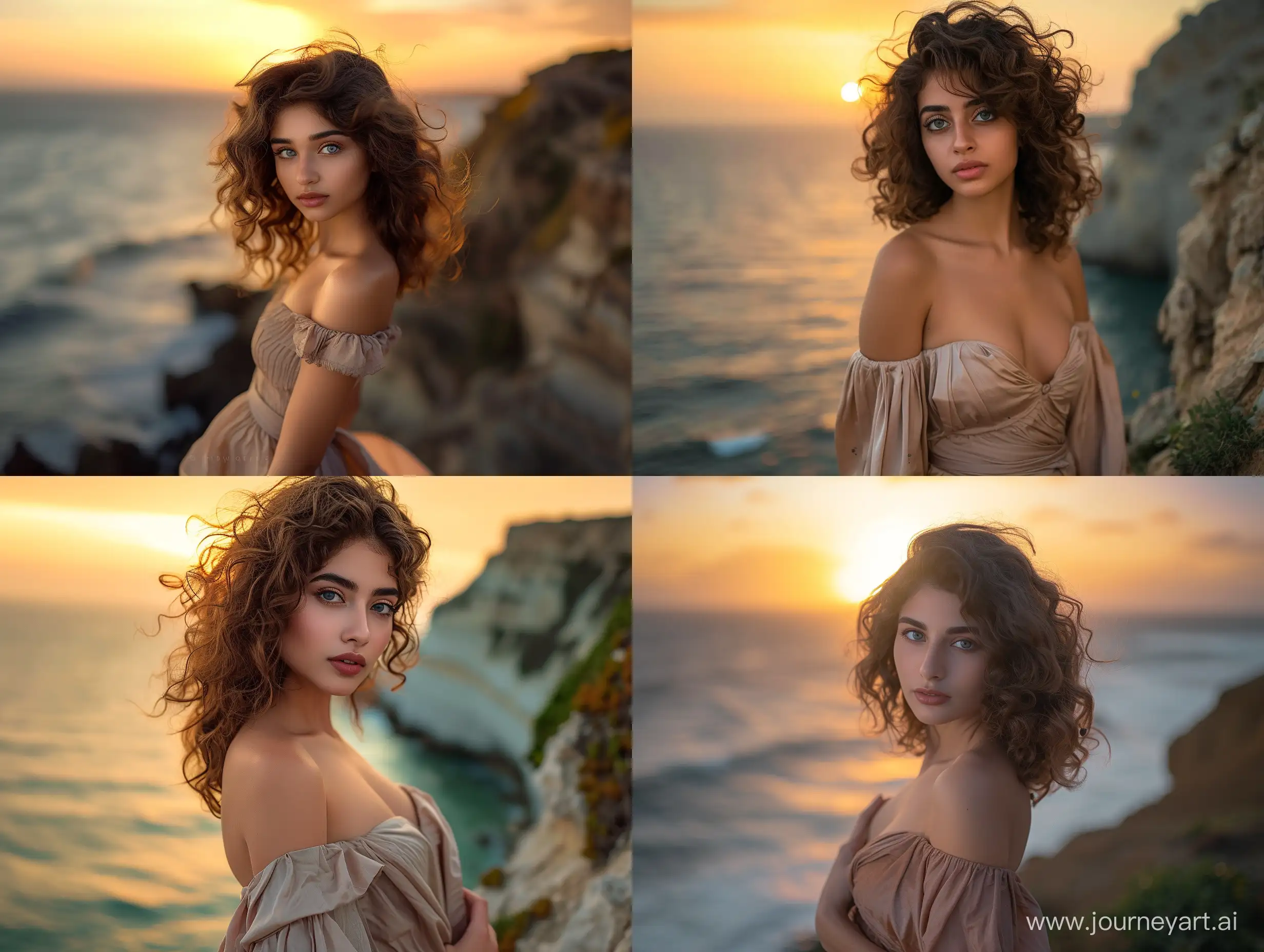 Camera Sony A7R5, Sigma 85mm f/1.2, A 20-year-old Egyptian girl with brown curly hair, grey eyes, a symmetrical attractive face, and a curvy body, wearing a billowing dress, is standing on a cliff overlooking the ocean at sunset. She is posing with a contemplative expression, facing forward.