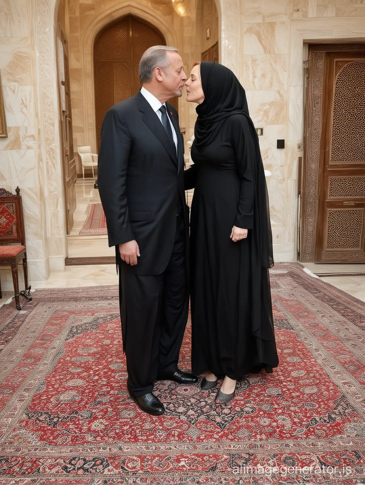 red haired Gillian Anderson alone with President Erdogan, he asked Gillian to dress accordingly to his Muslim faith and wear a floor-length black oversized flowing  jilbab with long black hijab while he is kissing her tenderly