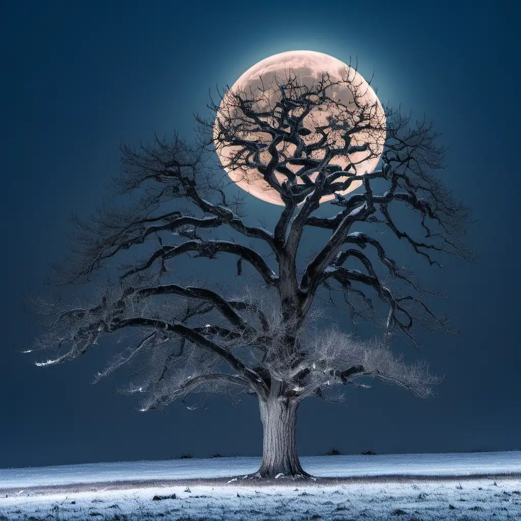 Winter Oak Tree Bathed in Cold Full Moonlight