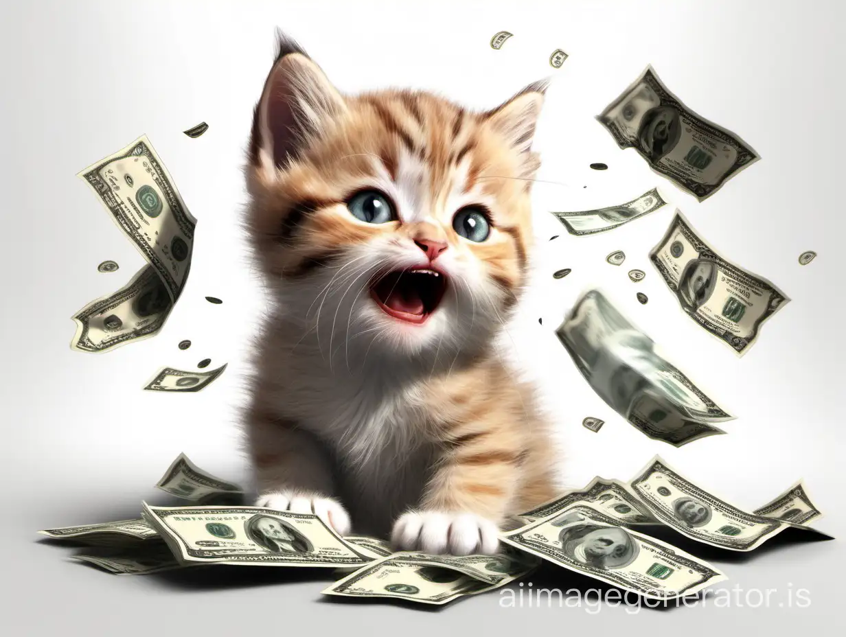 realistic small cute cat crying in a middle with a dollars cash flying around, on white background