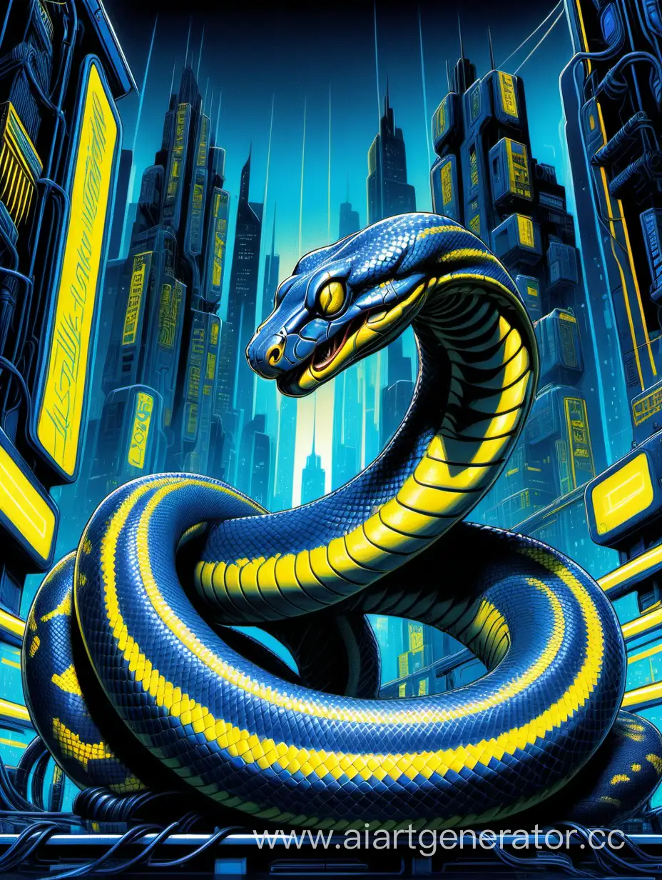 Futuristic-Cyberpunk-Cityscape-Blue-and-Yellow-Python-Illustration