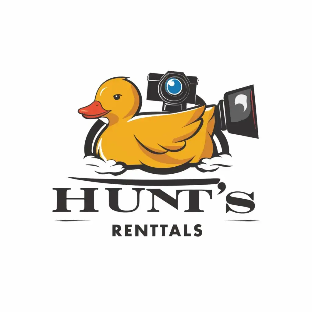 a logo design,with the text "Hunt's Rentals", main symbol:rubber duck with camera,complex,be used in Retail industry,clear background