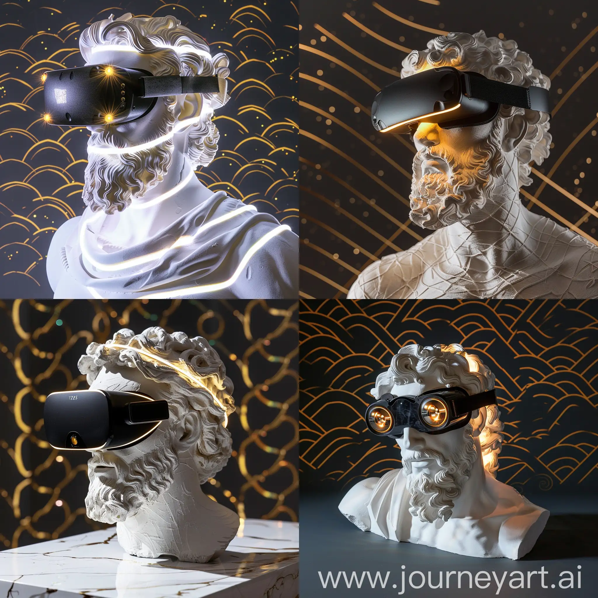 A Plaster Sculpture of Zeus, Black VR Glasses With Golden LED, White Light Reflections on Sculpture, Gold Techno Wave Pattern in Dark Background, Dreamy Pose, Medium Shot, High Precision --v 6.0