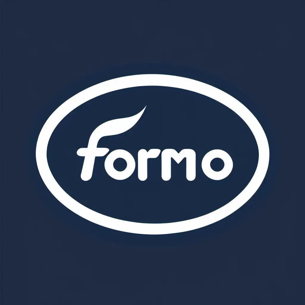 Formo logo, navy background, white logo with stylish text inside an unfilled white oval shape